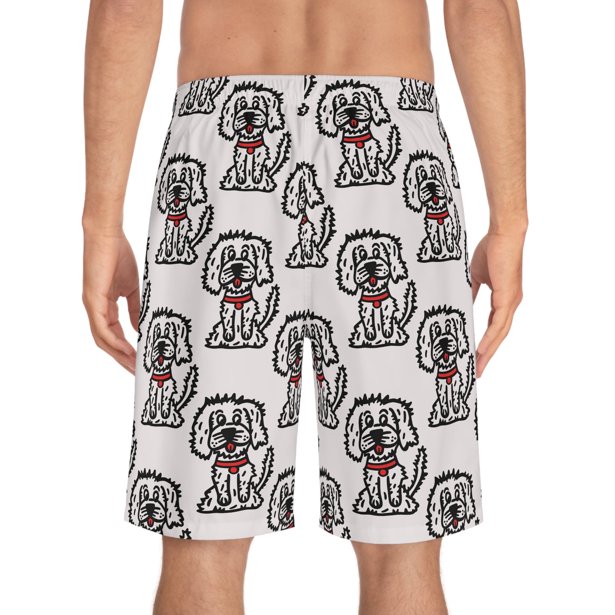 Hand-Drawn Cute Fluffy Cartoon Dog with Red Collar Pattern Men's Board Shorts | All-Over Print