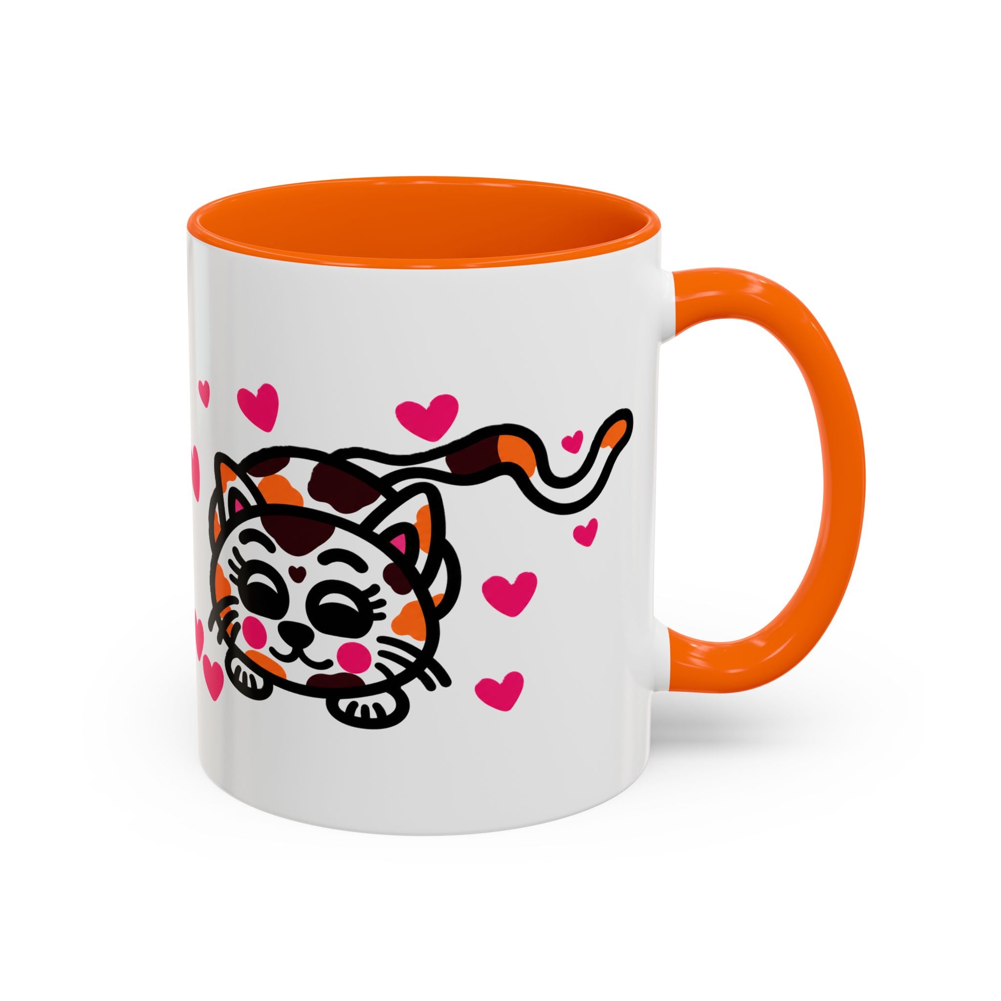 Hand-Drawn Calico Cat with Pink Hearts Mug | Accent Coffee Mug 11oz 15oz