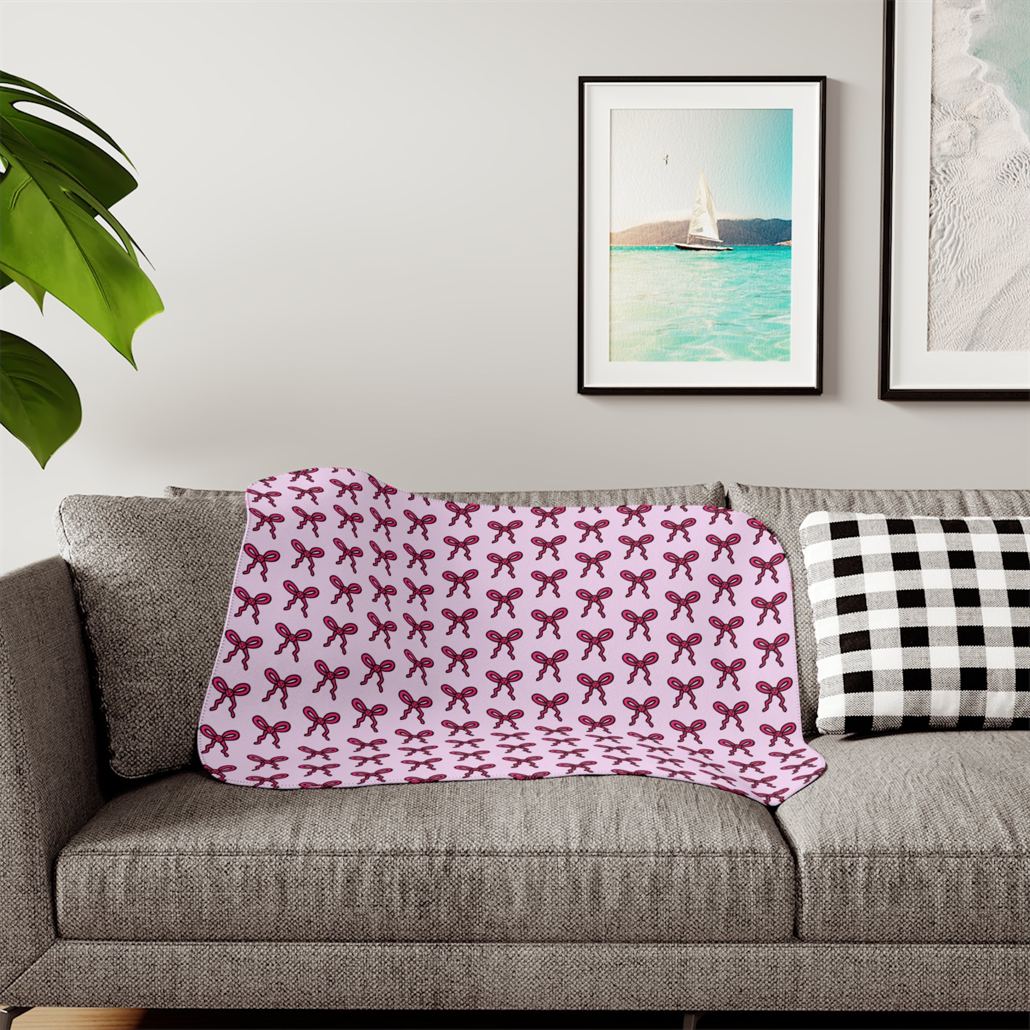 Hand-Drawn Pink Bow Pattern Sherpa Blanket | Cozy Reversible Throw