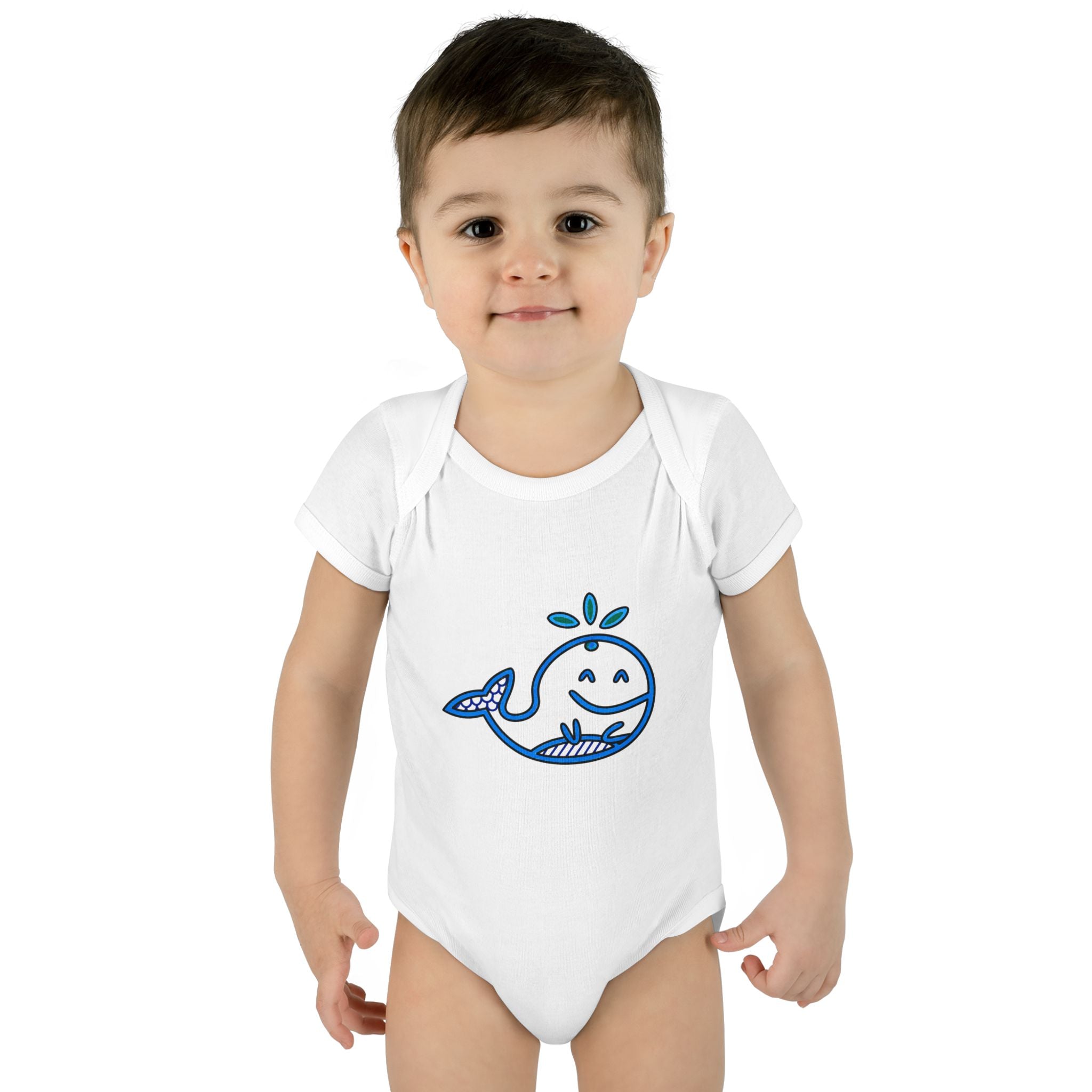 Hand-Drawn Smiling Blue Whale Bodysuit | Cute Ocean Baby Graphic