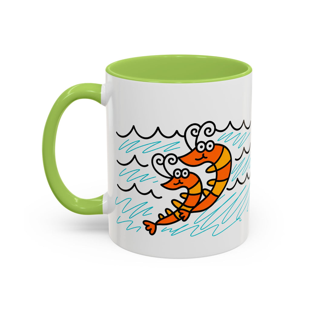 Hand-Drawn Two Shrimp Ocean Waves Mug | Coastal Seafood Ceramic Coffee Mug