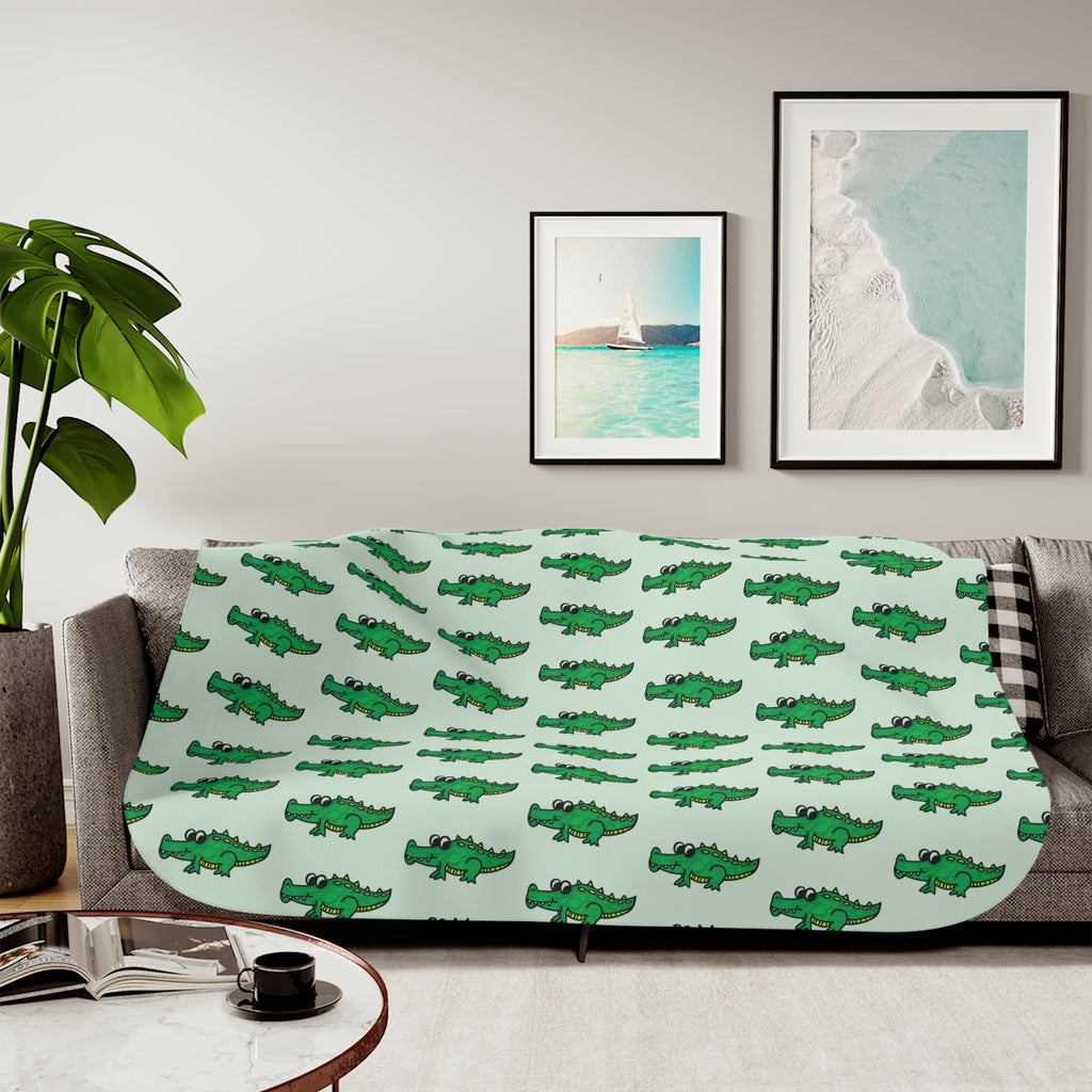Hand-Drawn Green Alligator Repeat Sherpa Blanket | Cute Reptile Pattern Throw