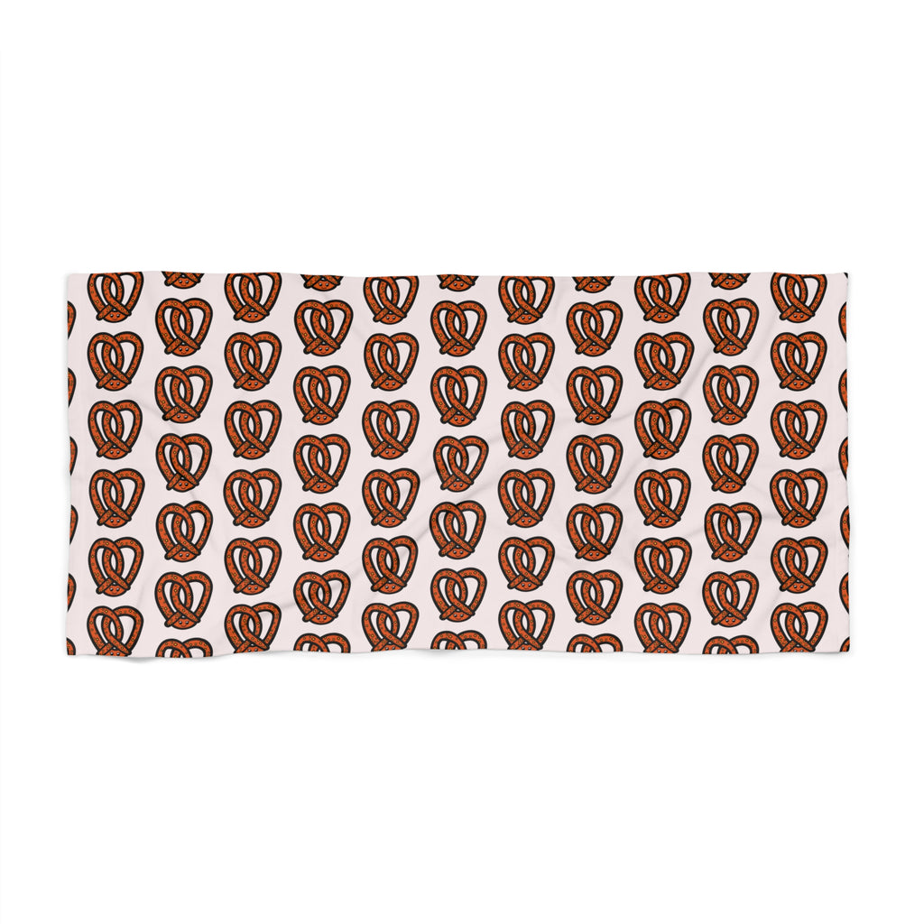 Hand-Drawn Pretzel Pattern Beach Towel | Brown Snack Print, Summer Pool Towel