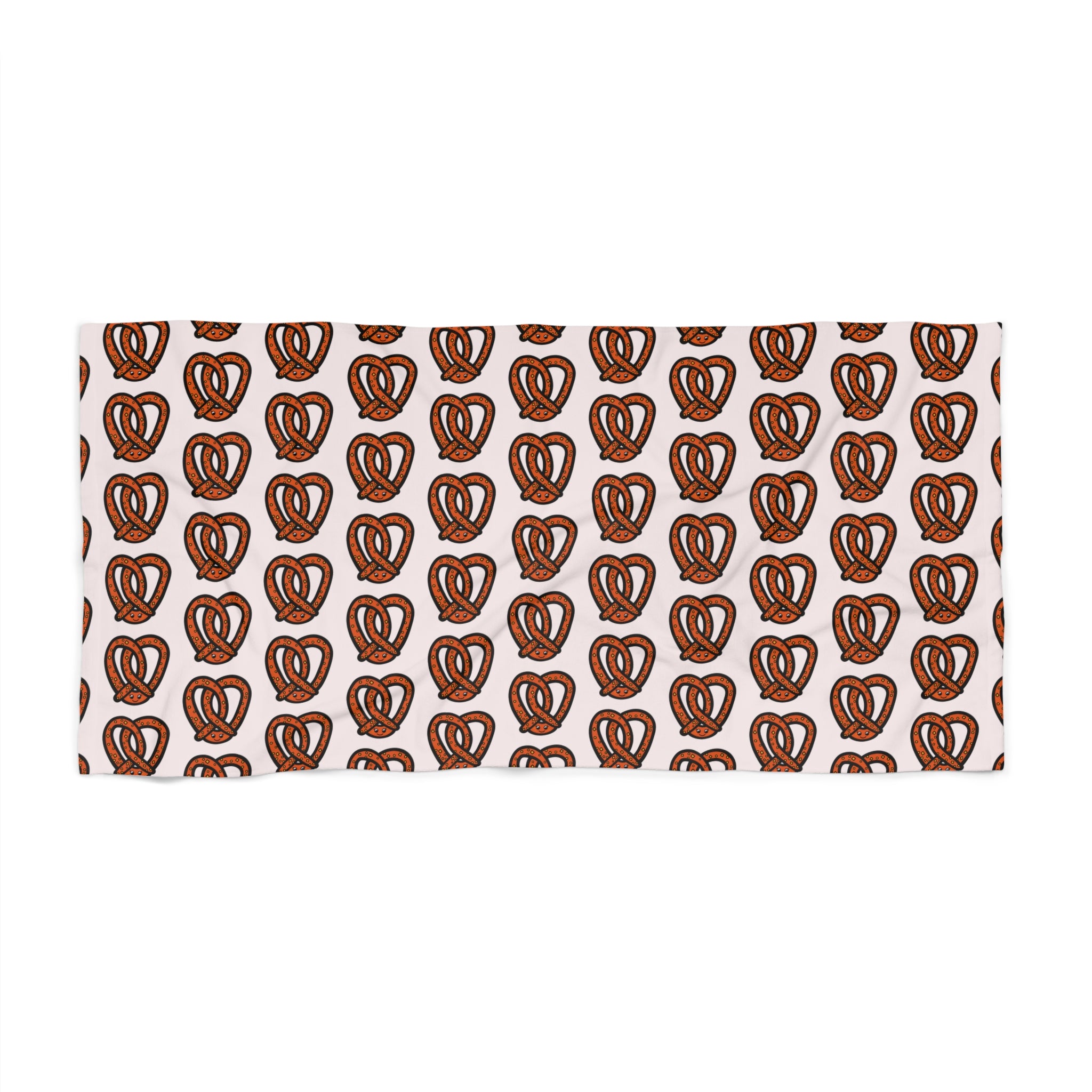 Hand-Drawn Pretzel Pattern Beach Towel | Brown Snack Print, Summer Pool Towel