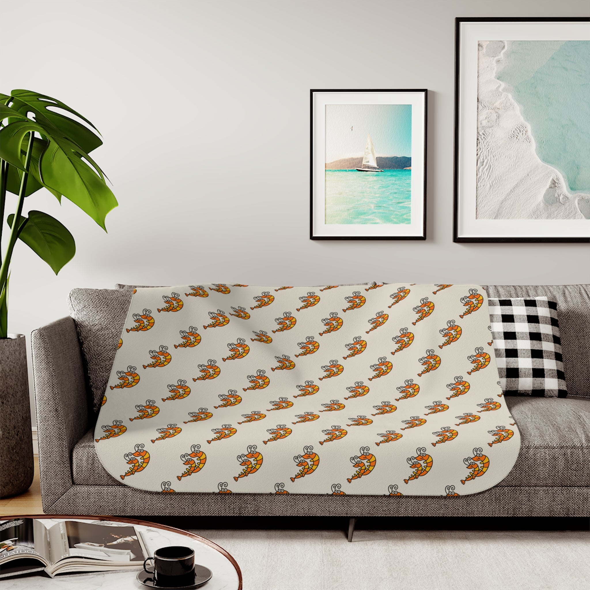 Hand-Drawn Orange Shrimp Duo Pattern Sherpa Blanket | Cozy Ocean Themed Throw