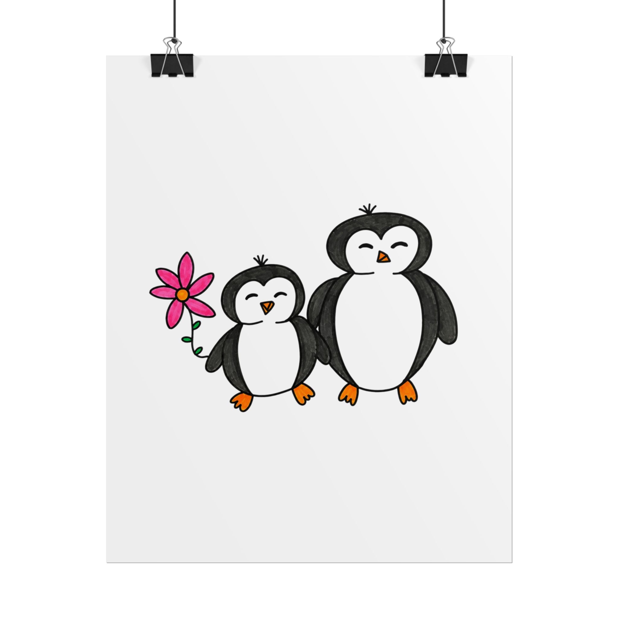 Hand-Drawn Cute Penguin Duo holding Flower Poster | Nursery Wall Art, Animal Print