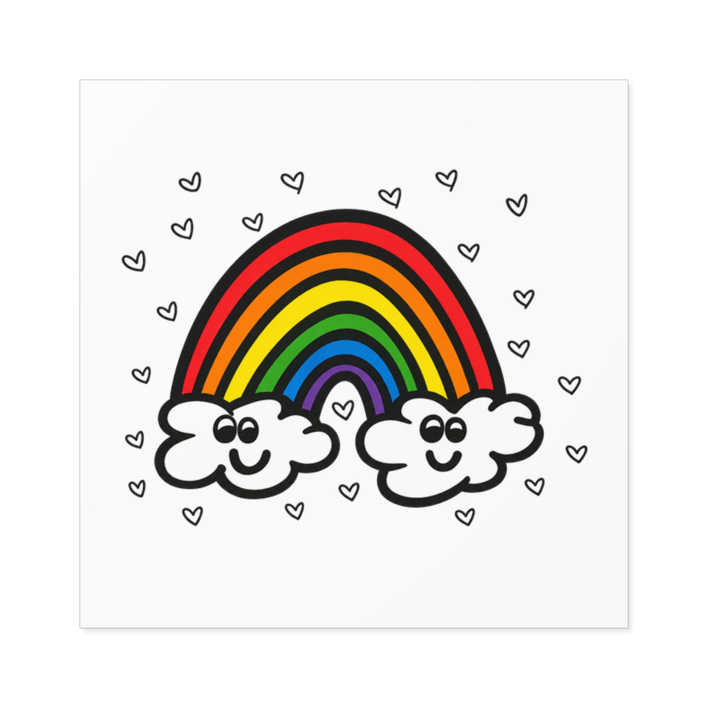 Hand-Drawn Smiling Rainbow with Hearts Square Stickers | Indoor Outdoor