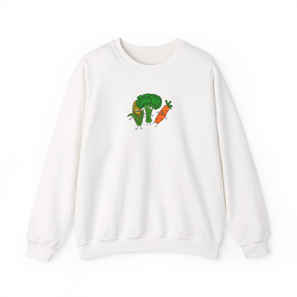 Hand-Drawn Broccoli, Corn, and Carrot Veggie Friends Sweatshirt | Cute Vegetable Illustration
