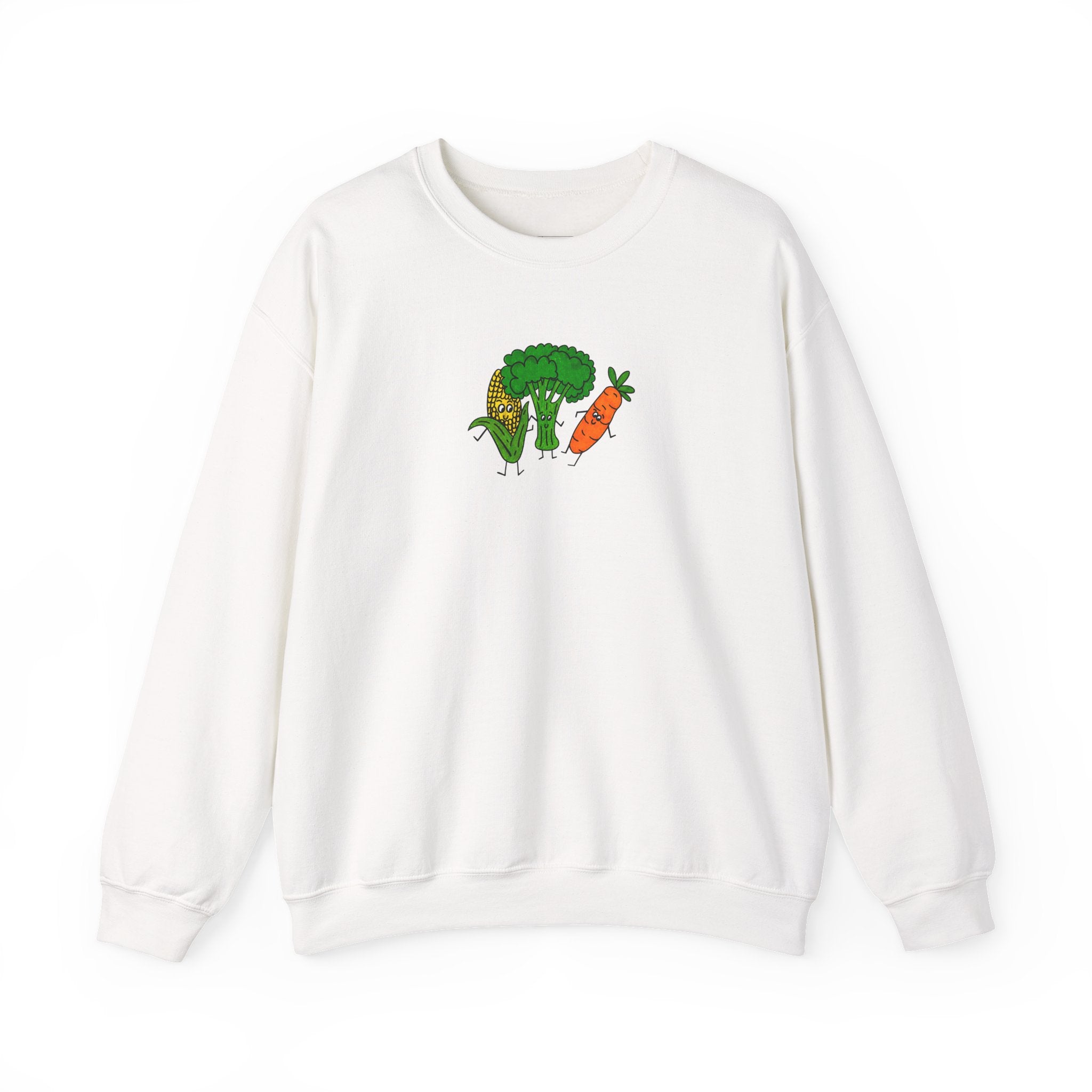 Hand-Drawn Broccoli, Corn, and Carrot Veggie Friends Sweatshirt | Cute Vegetable Illustration