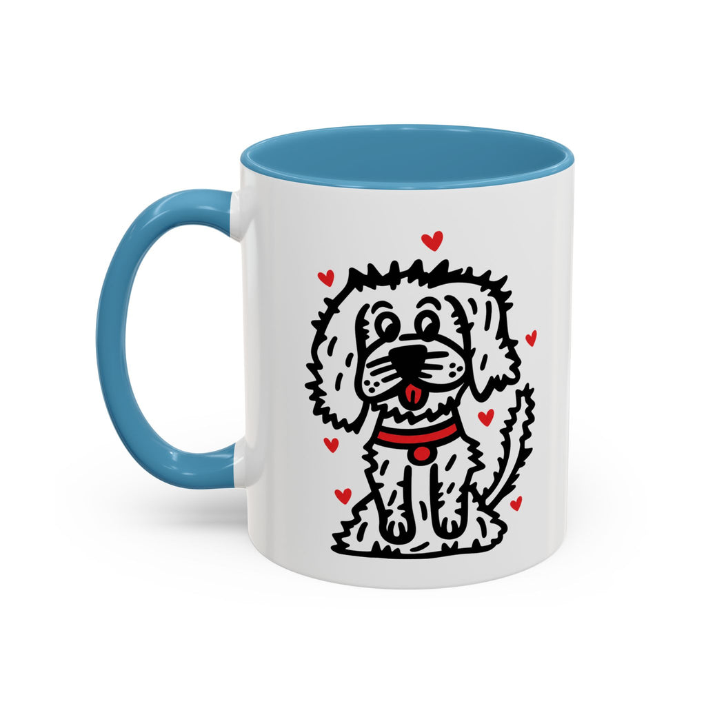 Hand-Drawn Fluffy Dog Red Collar Accent Coffee Mug | White Dog Illustration