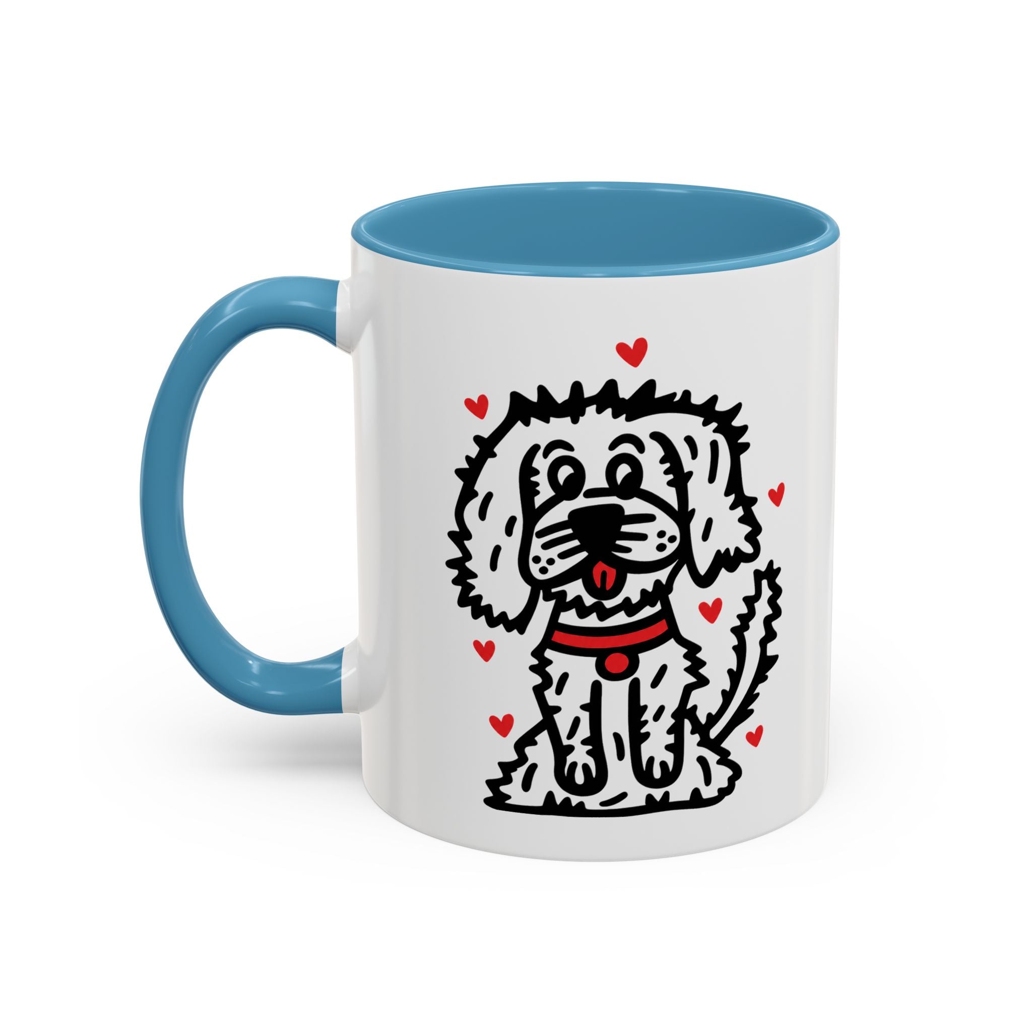 Hand-Drawn Fluffy Dog Red Collar Accent Coffee Mug | White Dog Illustration