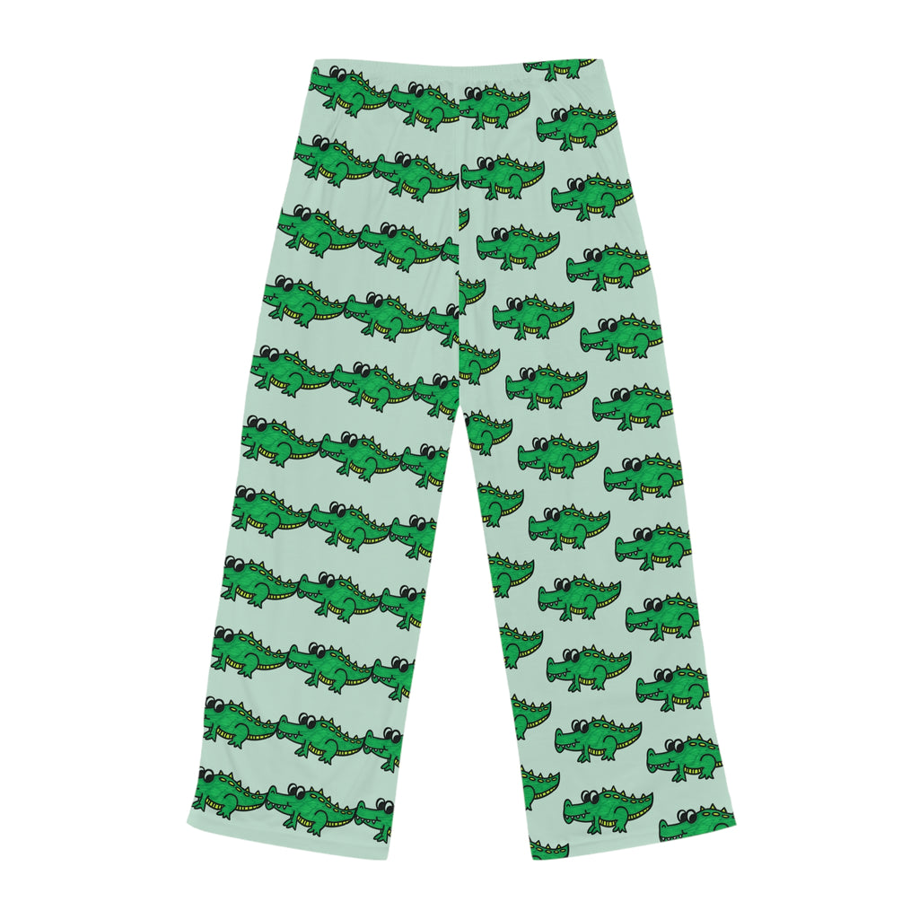 Hand-Drawn Green Cartoon Alligator Pajama Pants | Cute Repeating Gator Pattern