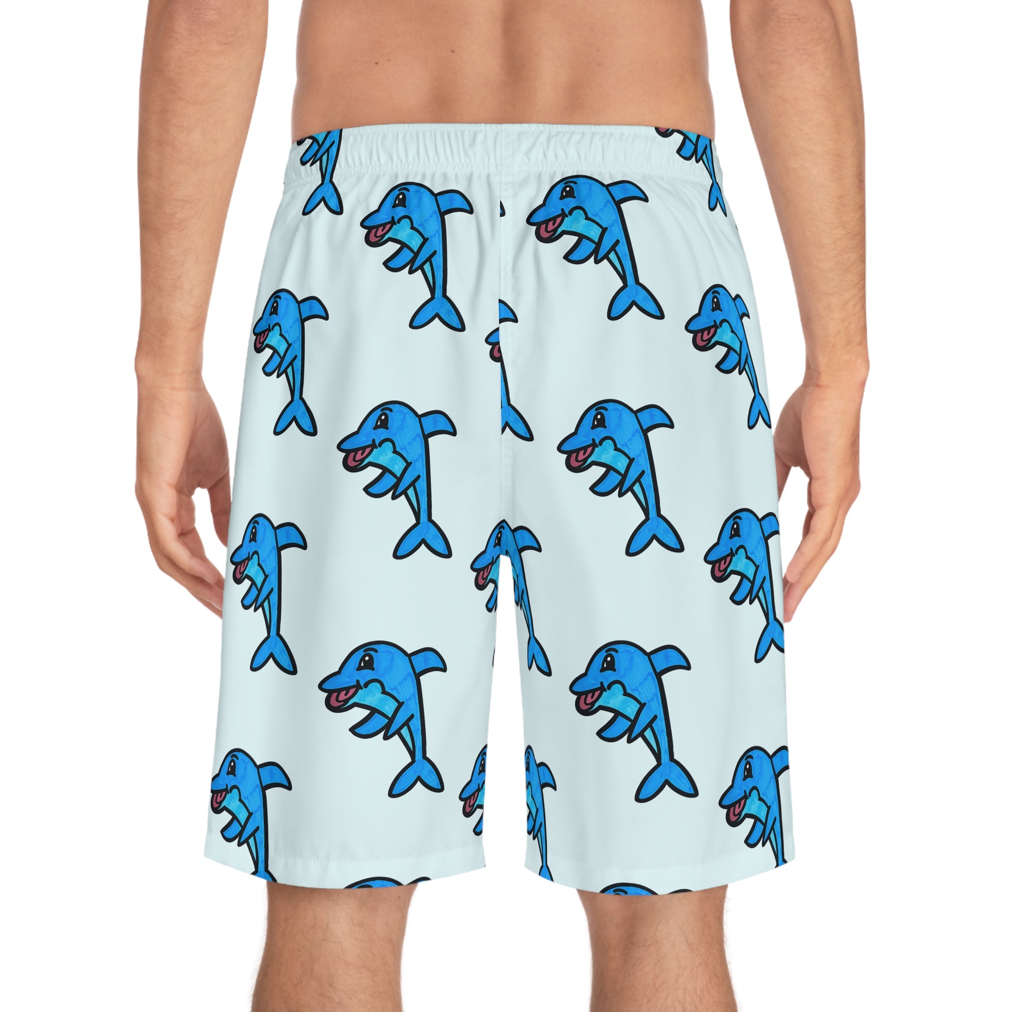 Hand-Drawn Cartoon Blue Dolphin Board Shorts | All-Over Print Swim Trunks