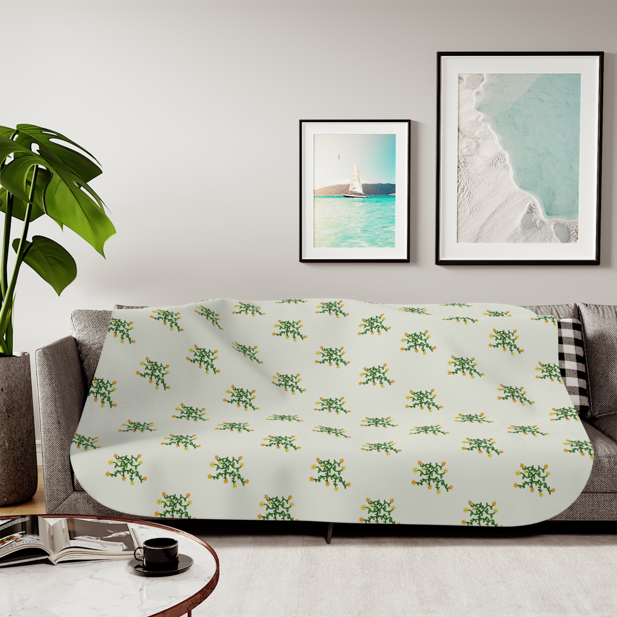 Hand-Drawn Green Vine with Flowers Sherpa Blanket | Tropical Botanical Throw
