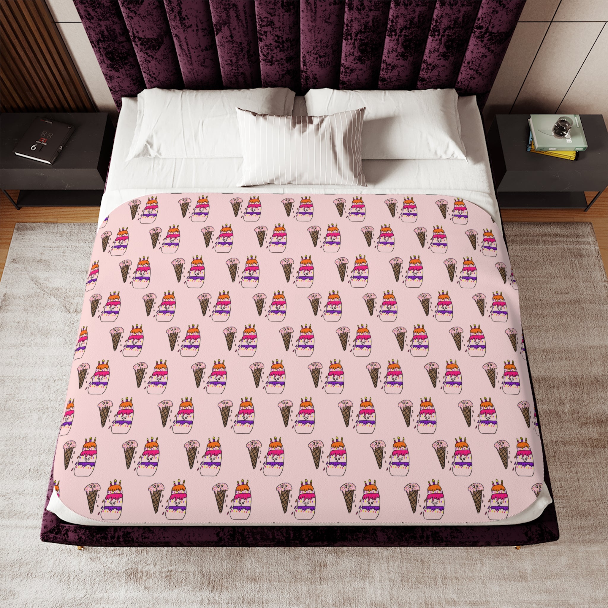 Hand-Drawn Pink Ice Cream Cone and Cake Pattern Sherpa Blanket | Cute Dessert Print