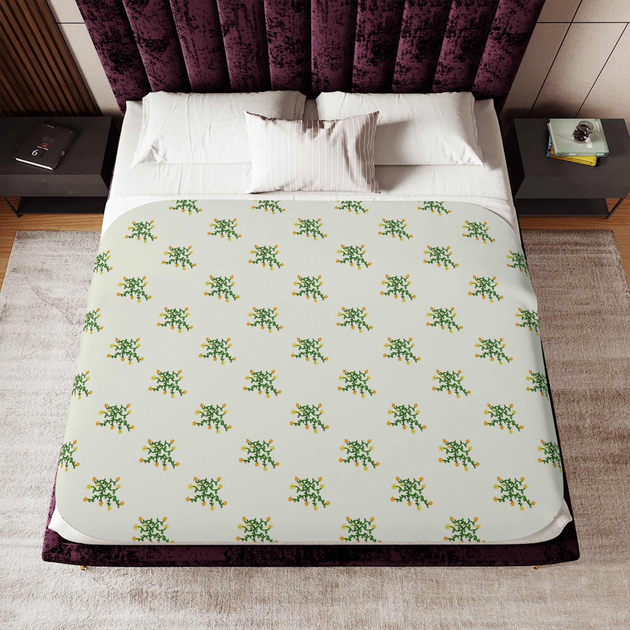 Hand-Drawn Green Vine with Flowers Sherpa Blanket | Tropical Botanical Throw