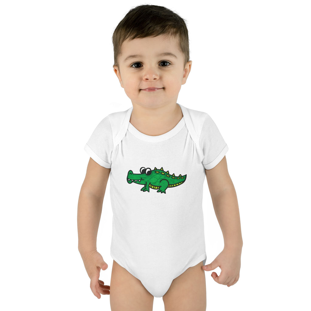 Hand-Drawn Green Cartoon Crocodile Infant Bodysuit | Cute Baby Alligator Tee