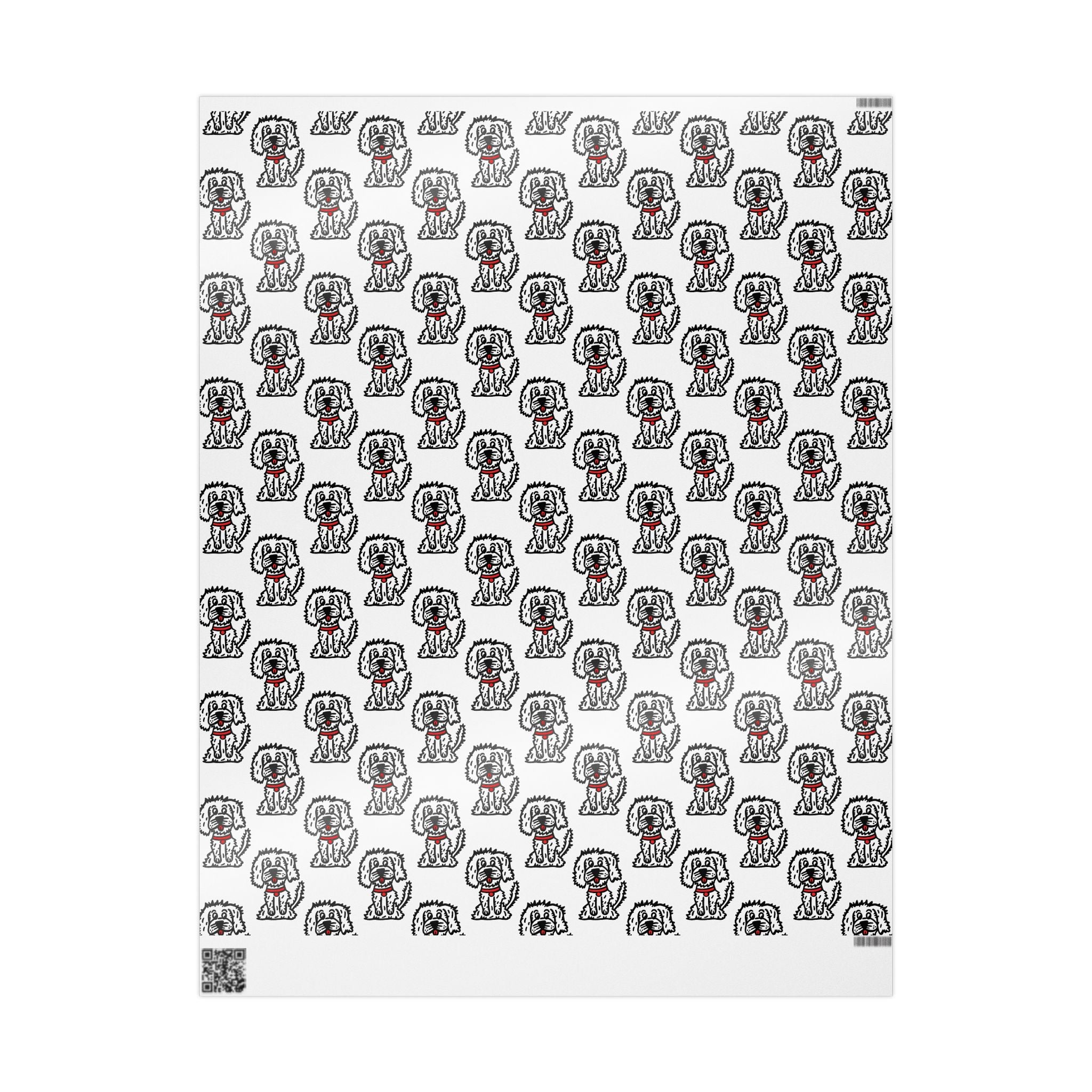 Hand-Drawn White Fluffy Dog Wrapping Paper | Red Collar