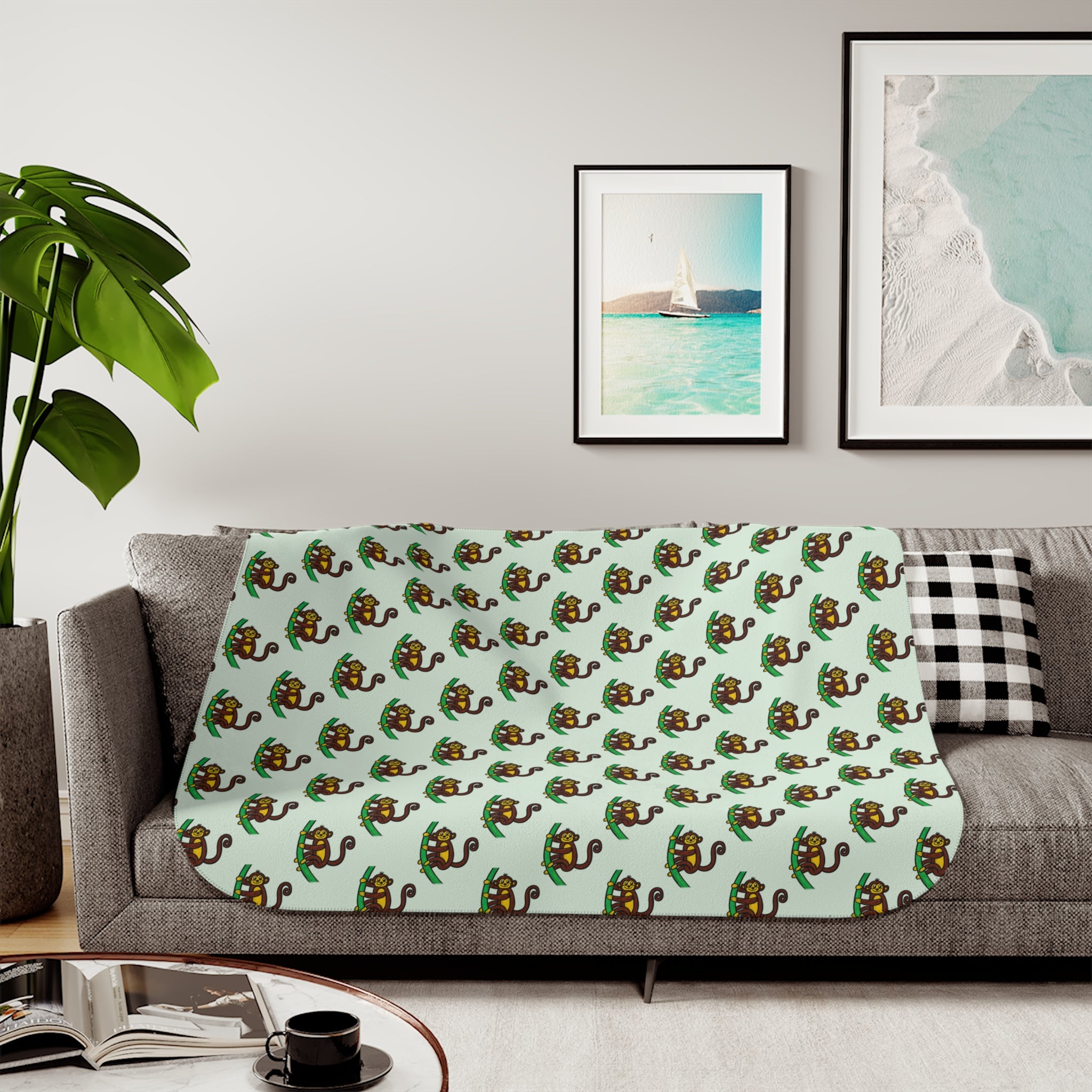 Hand-Drawn Retro Monkey Pattern Sherpa Blanket | Cute Jungle Animal Throw