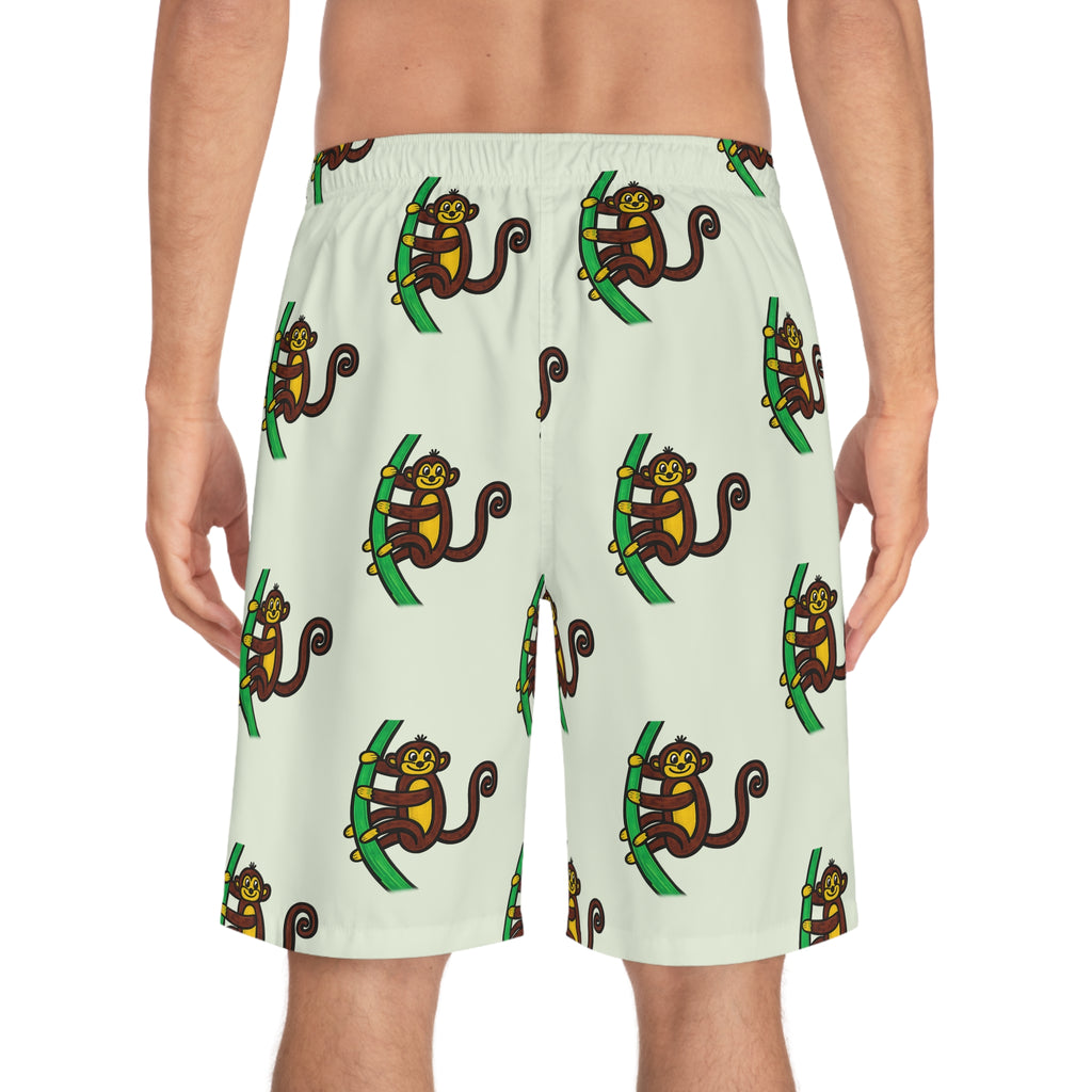Hand-Drawn Cartoon Monkey Pattern Men's Board Shorts | Tropical Tree Swim Trunks