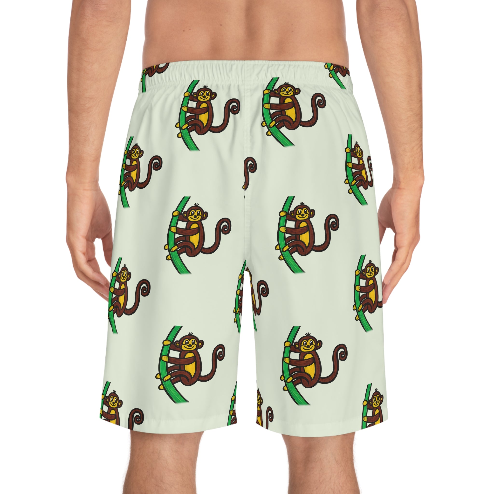 Hand-Drawn Cartoon Monkey Pattern Men's Board Shorts | Tropical Tree Swim Trunks