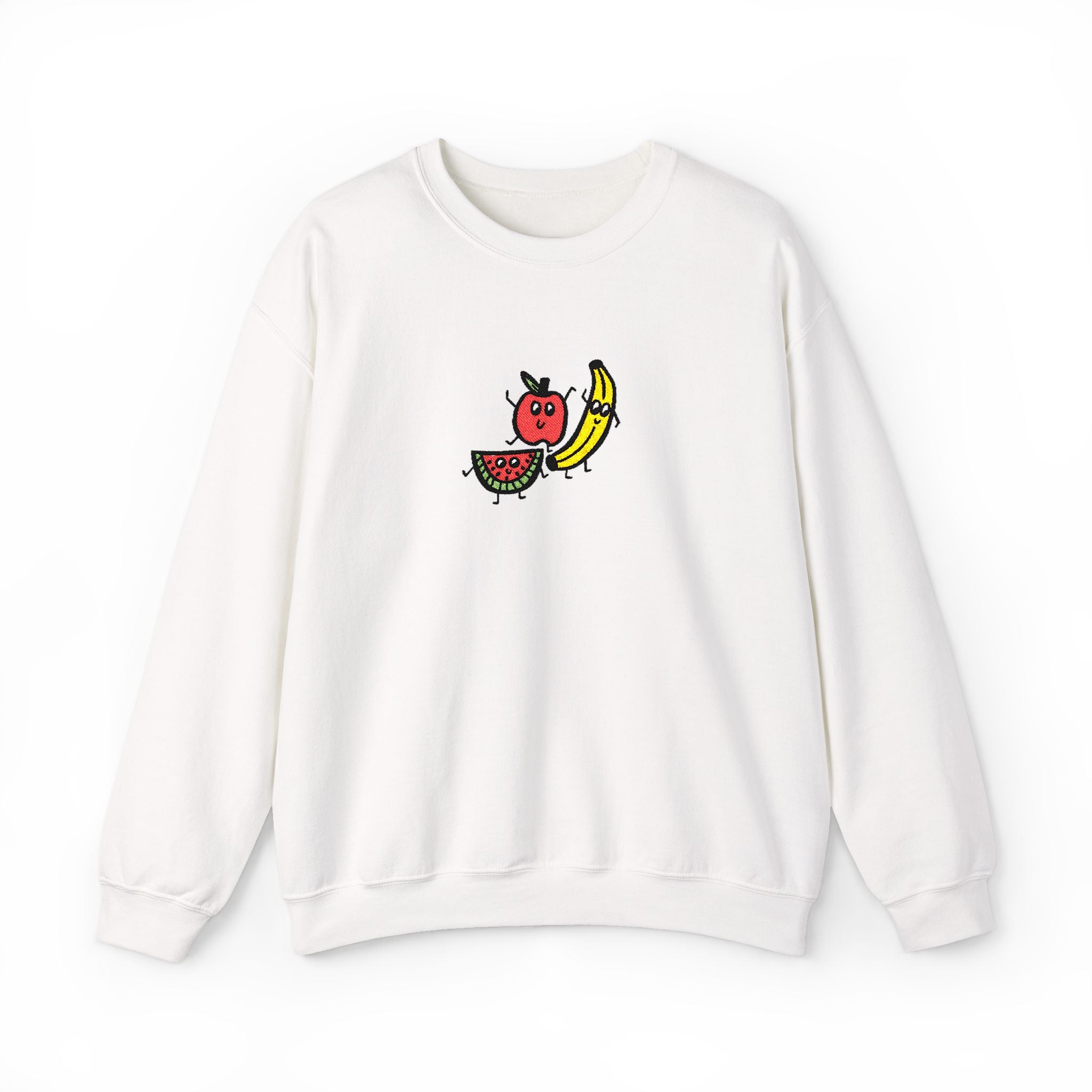 Hand-Drawn Smiling Fruit Trio Sweatshirt | Cute Watermelon Apple Banana Embroidery