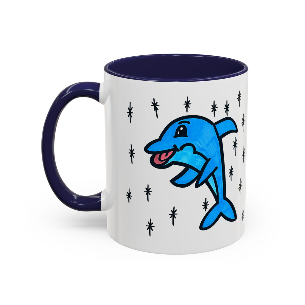 Hand-Drawn Cute Blue Dolphin Mug | Cartoon Dolphin Coffee Mug, Accent Inner Color