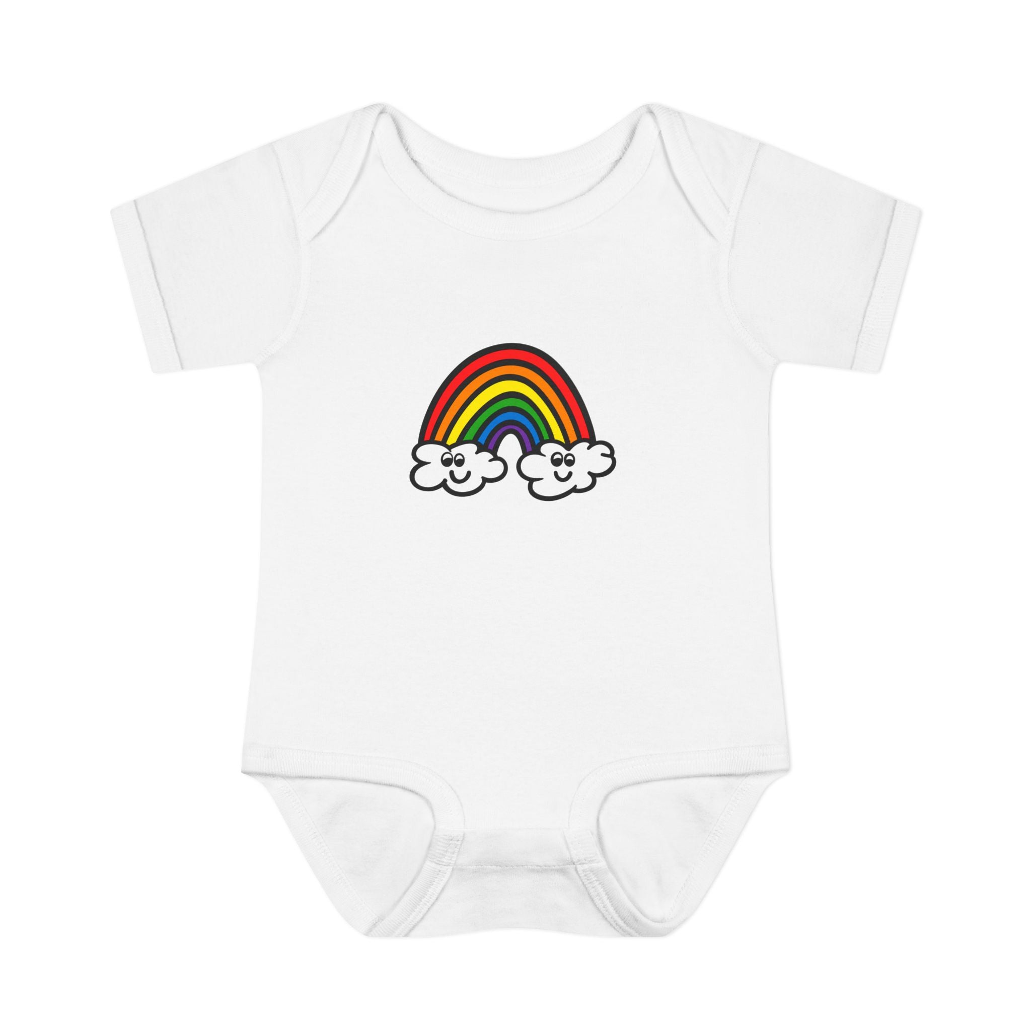 Hand-Drawn Cute Rainbow with Smiling Clouds Infant Bodysuit | Baby Rainbow Tee