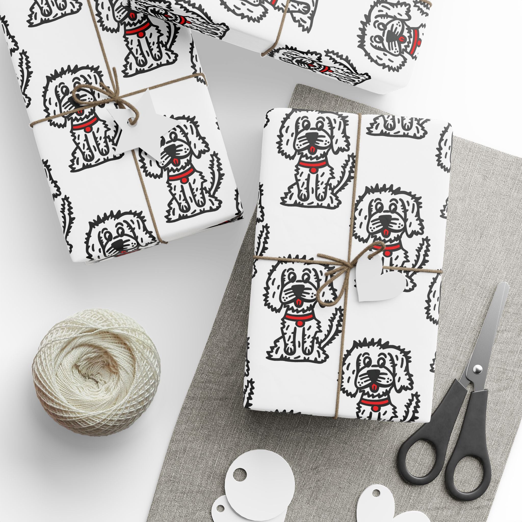 Hand-Drawn White Fluffy Dog Wrapping Paper | Red Collar