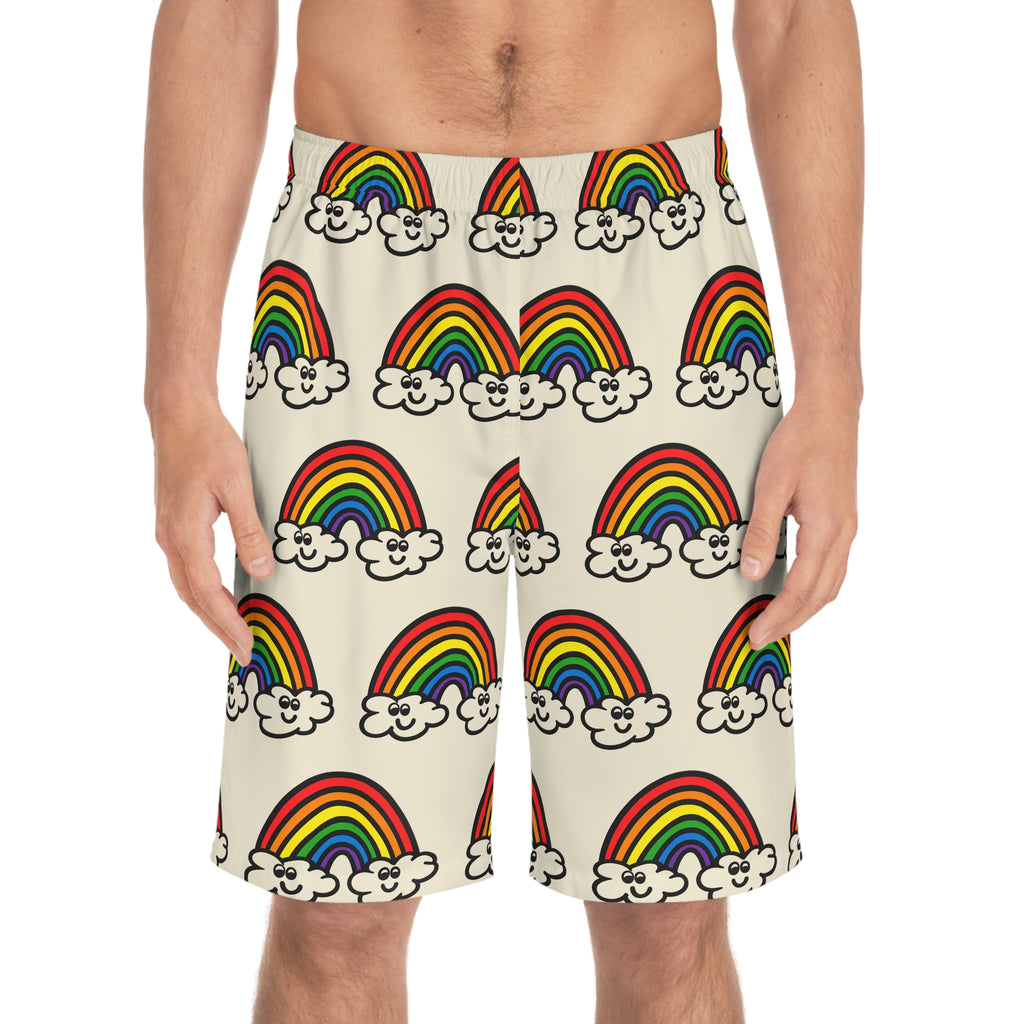Hand-Drawn Smiling Rainbow Pattern Board Shorts | All-Over Print