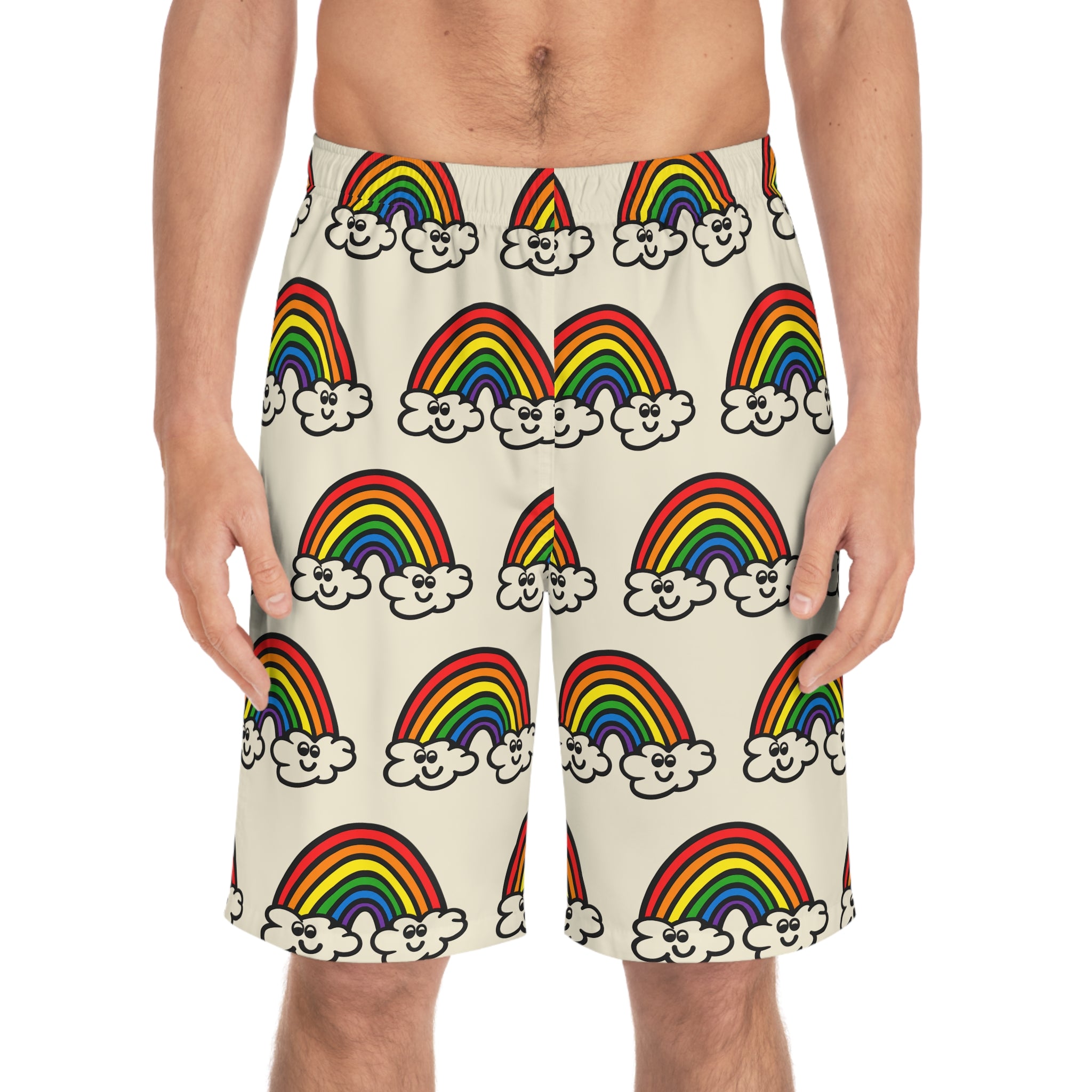 Hand-Drawn Smiling Rainbow Pattern Board Shorts | All-Over Print