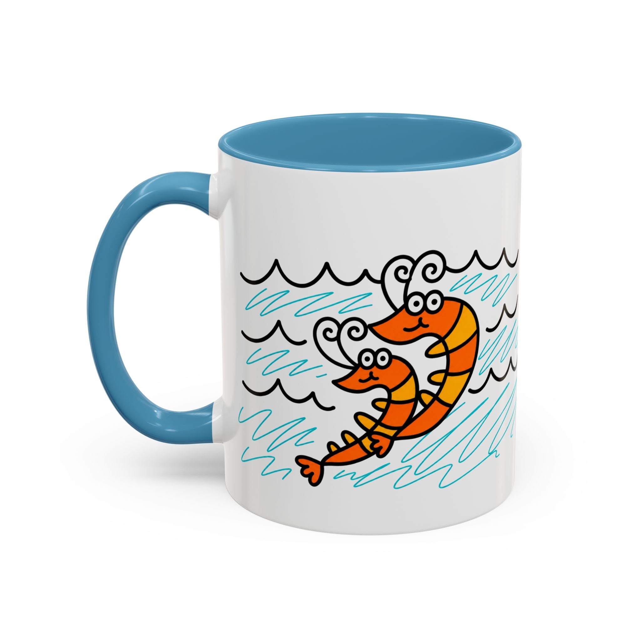 Hand-Drawn Two Shrimp Ocean Waves Mug | Coastal Seafood Ceramic Coffee Mug