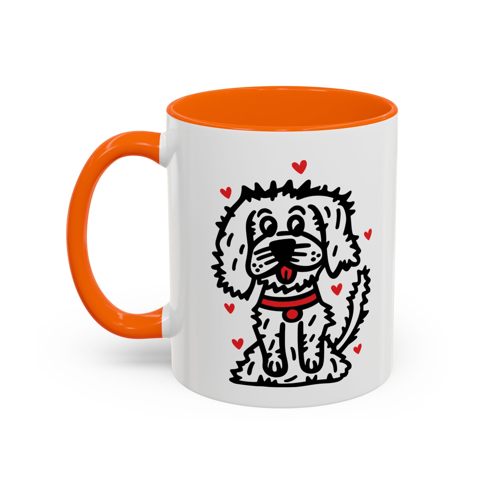 Hand-Drawn Fluffy Dog Red Collar Accent Coffee Mug | White Dog Illustration