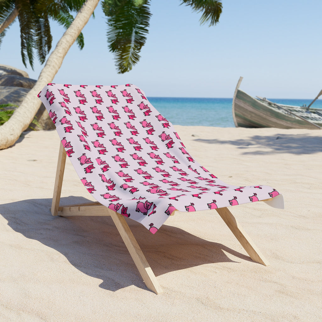 Hand-Drawn Pink Pig Pair Pattern Beach Towel | Cute Animal Repeat Print