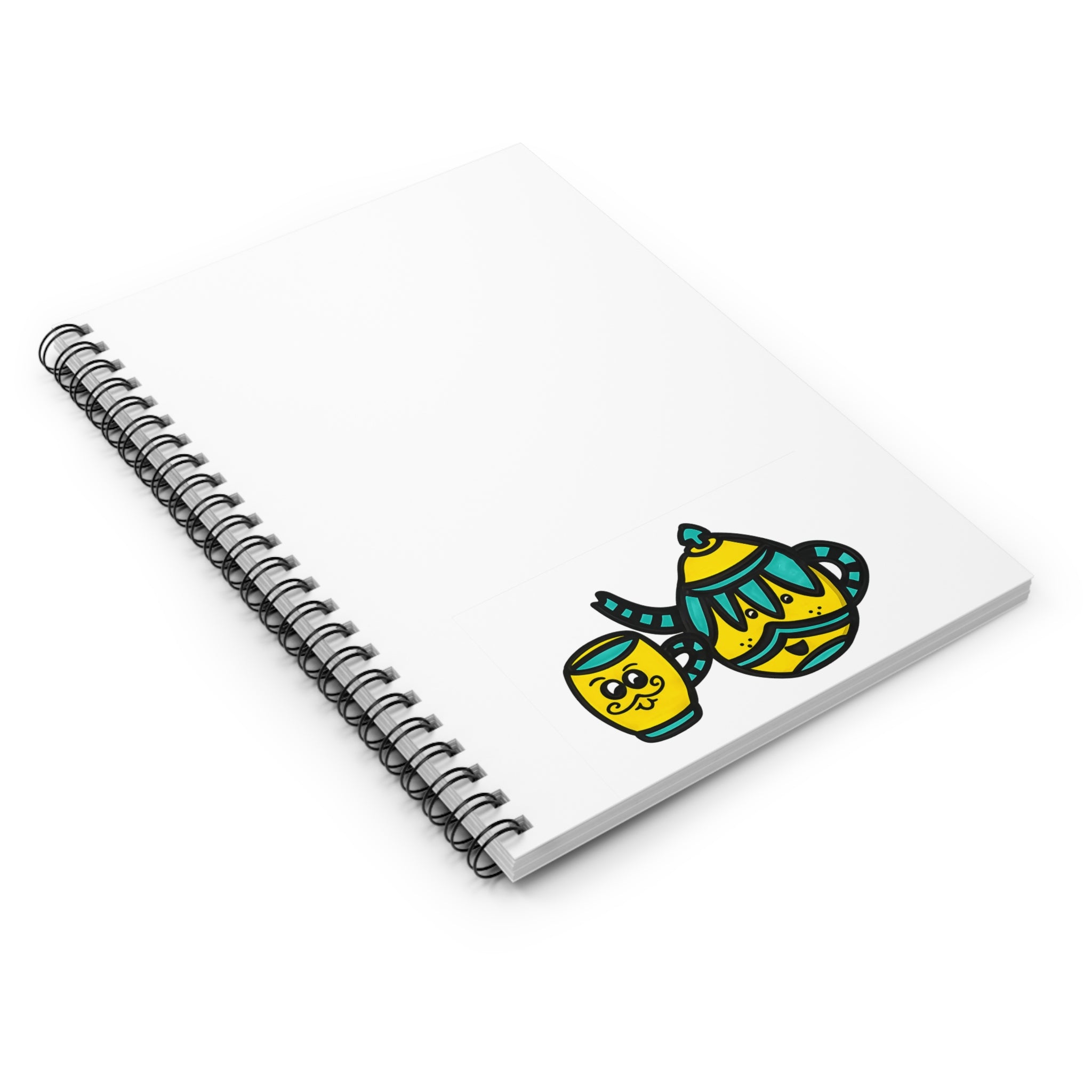 Hand-Drawn Yellow and Teal Cute and Charming Mustache Teapot and Cup Spiral Notebook | Ruled Journal