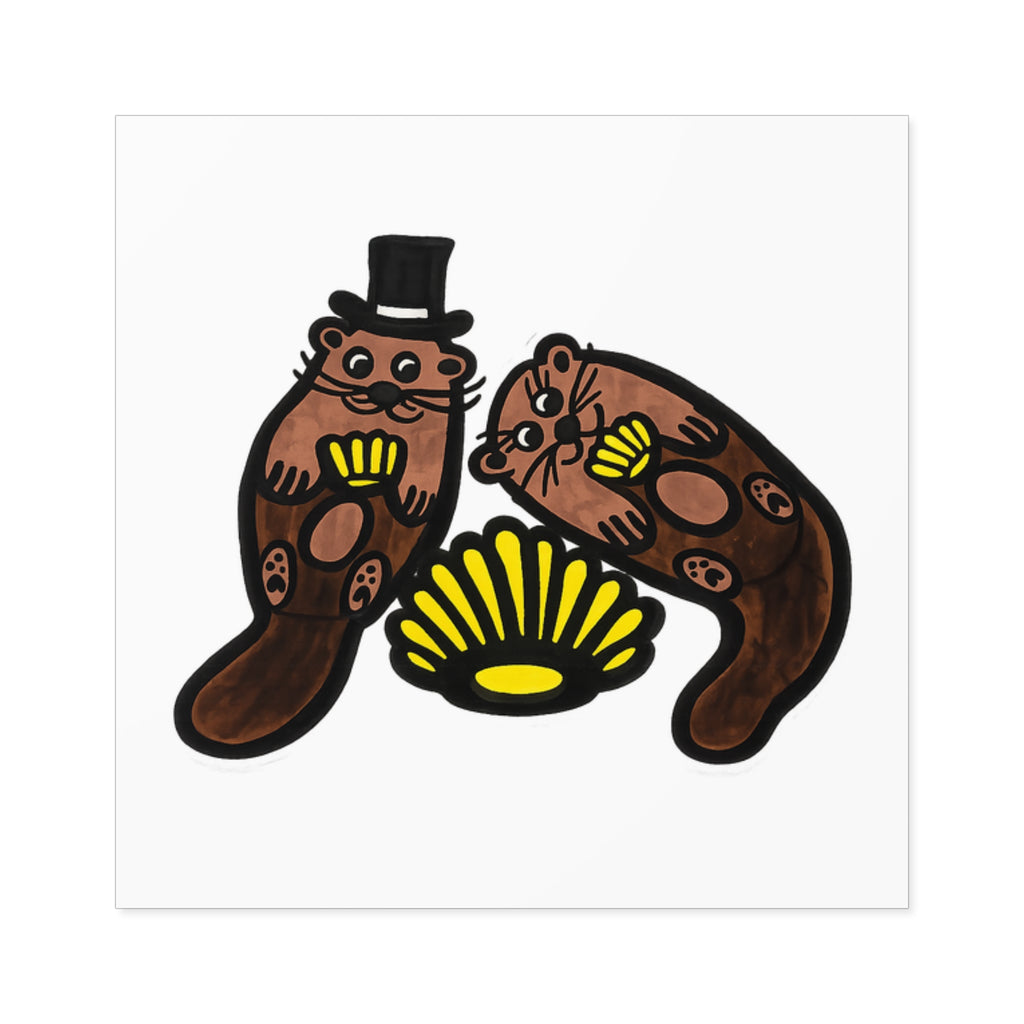 Hand-Drawn Otter Couple Shell Square Sticker | Indoor Outdoor Vinyl Sticker