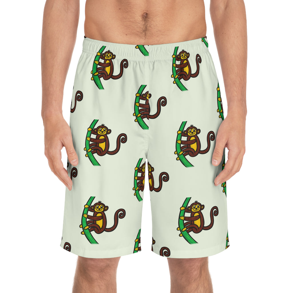 Hand-Drawn Cartoon Monkey Pattern Men's Board Shorts | Tropical Tree Swim Trunks