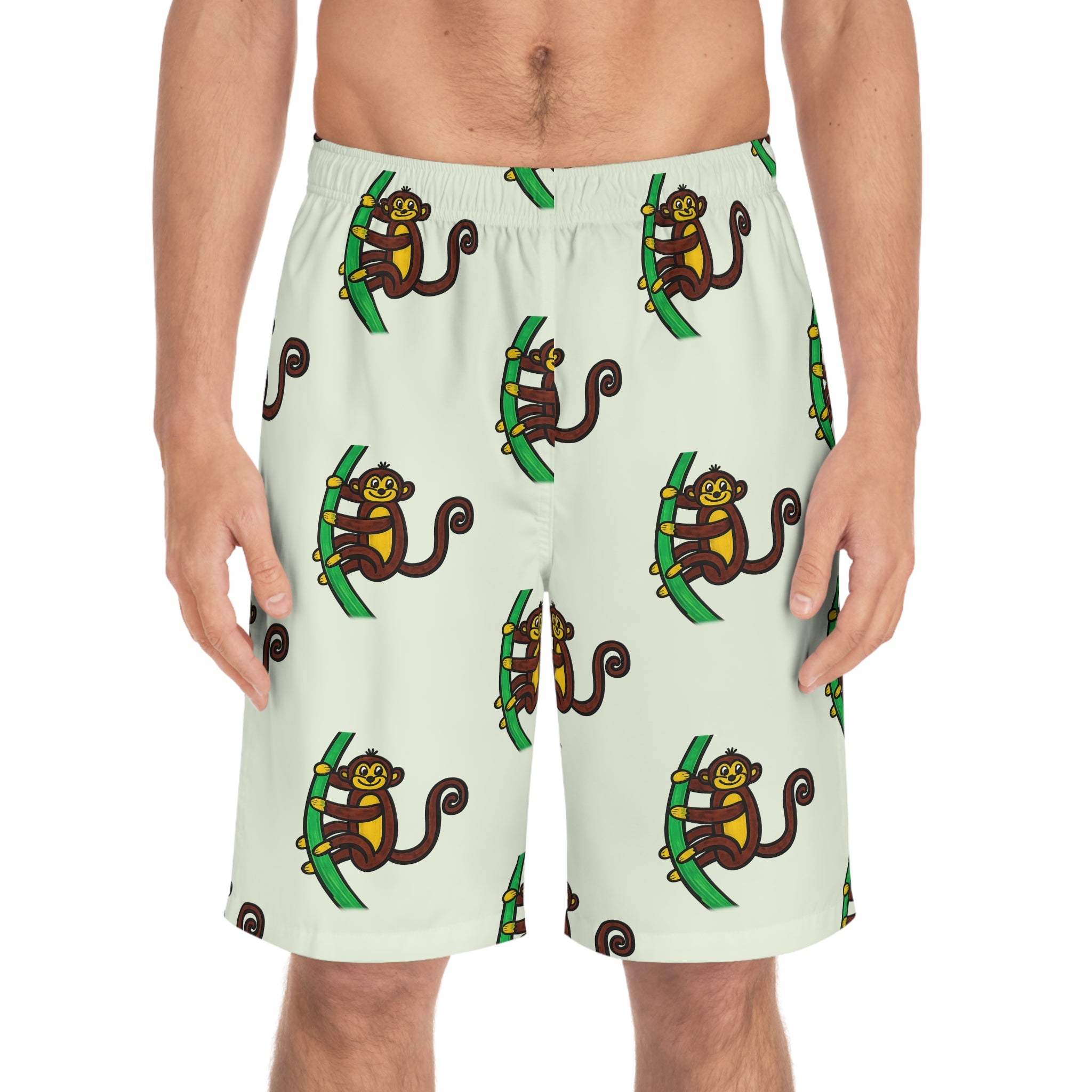 Hand-Drawn Cartoon Monkey Pattern Men's Board Shorts | Tropical Tree Swim Trunks
