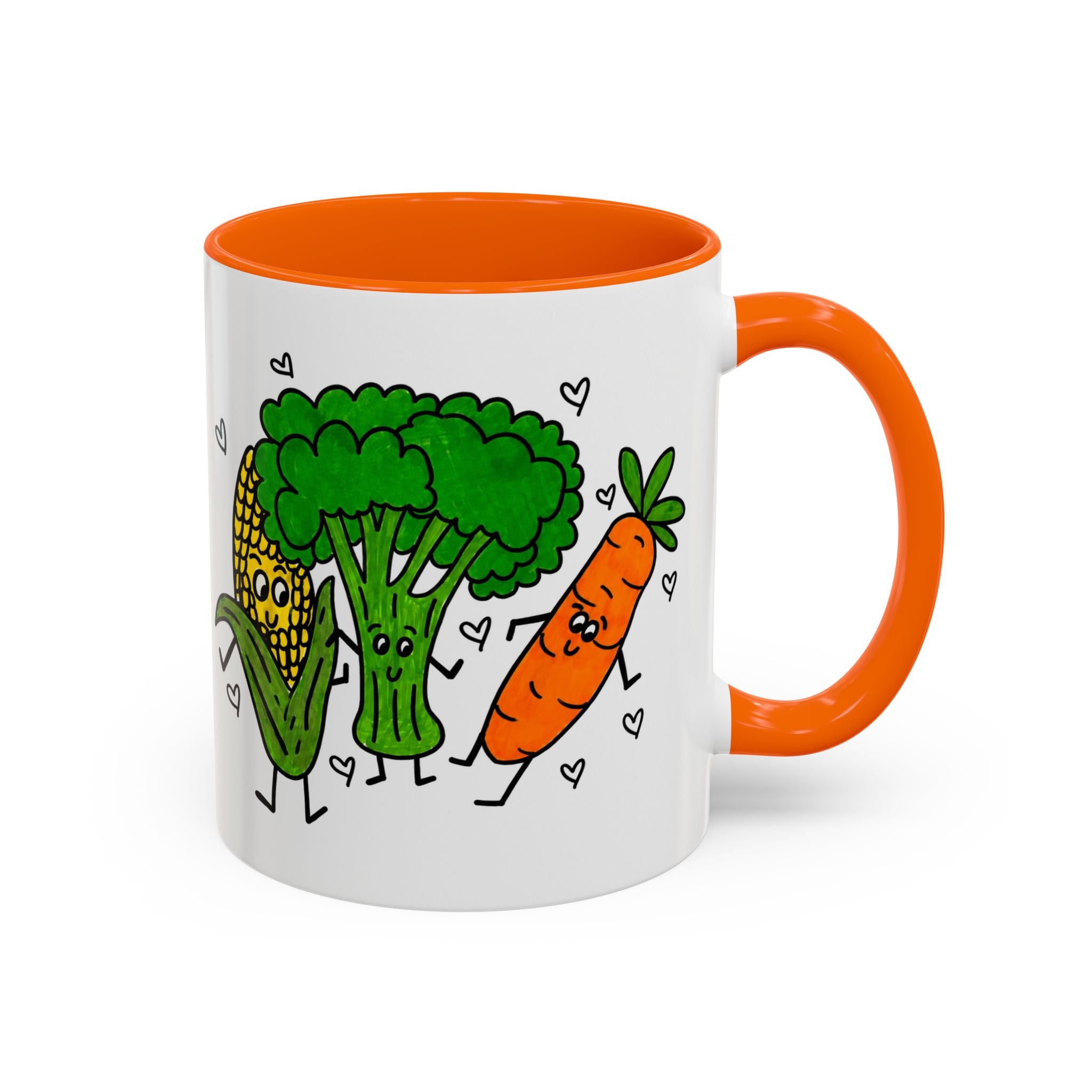 Hand-Drawn Dancing Veggies Carrot Broccoli Corn Mug | Accent Coffee Mug