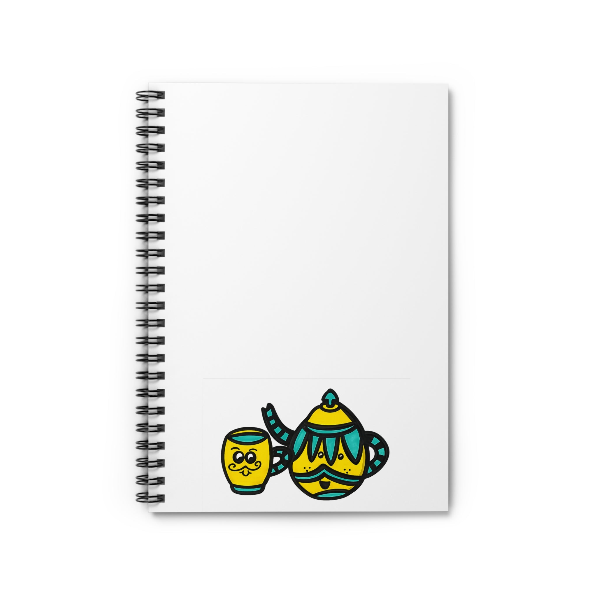 Hand-Drawn Yellow and Teal Cute and Charming Mustache Teapot and Cup Spiral Notebook | Ruled Journal