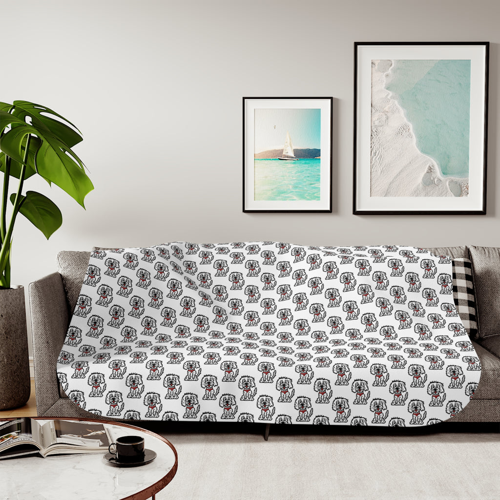 Hand-Drawn Cute Dog Pattern Sherpa Blanket | Dog Print Cozy Throw