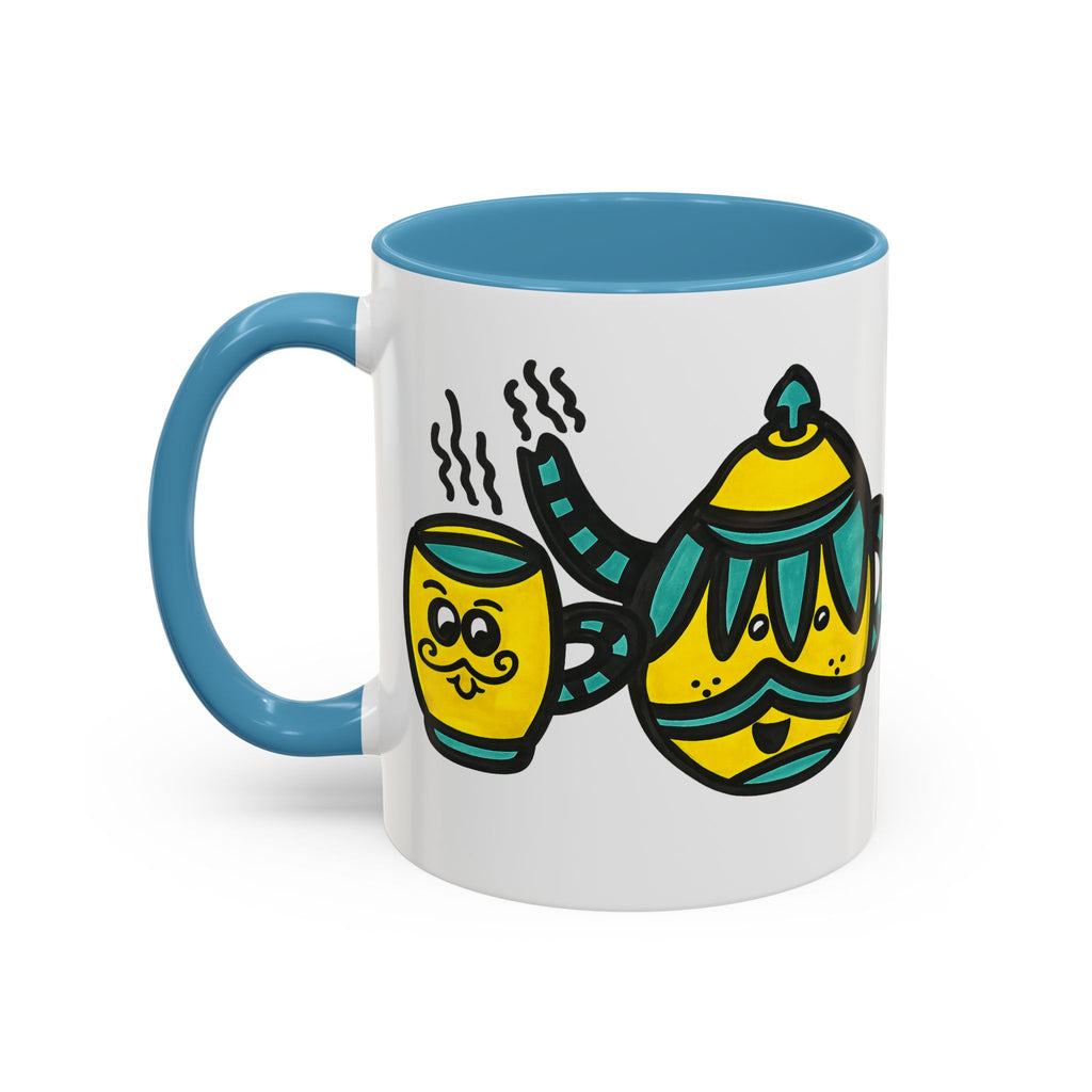 Hand-Drawn Yellow and Teal Mustache Teapot and Smiling Cup Mug | Accent Coffee Mug