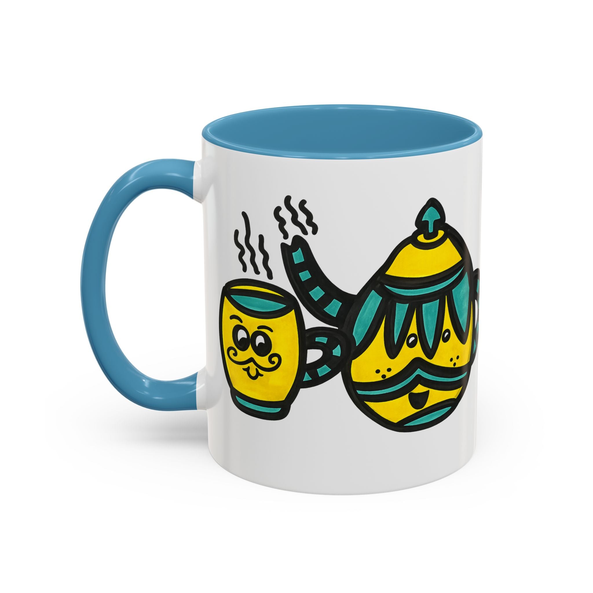 Hand-Drawn Yellow and Teal Mustache Teapot and Smiling Cup Mug | Accent Coffee Mug