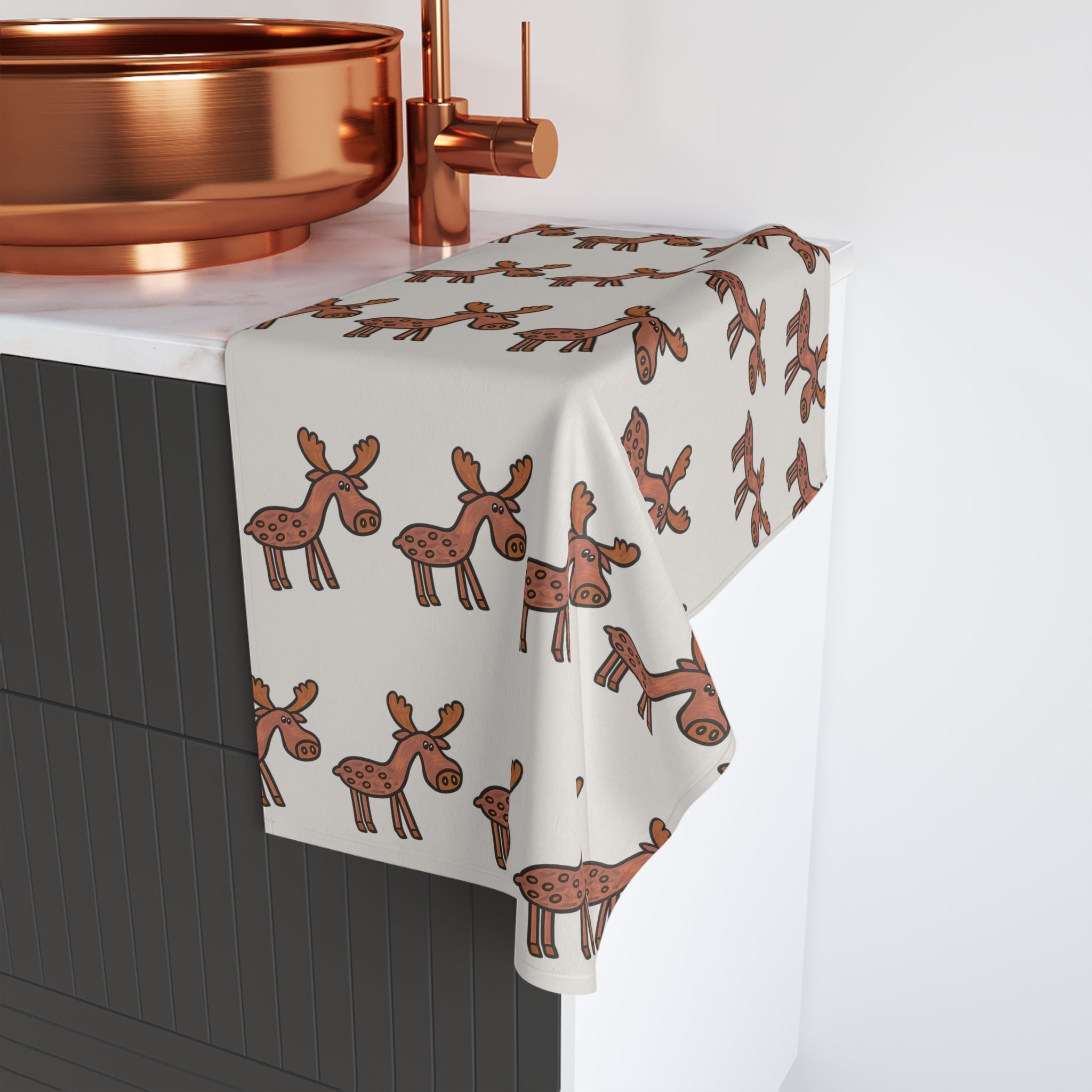 Hand-Drawn Cute Moose Pattern Hand Towel | Woodland Animal Kitchen Towel