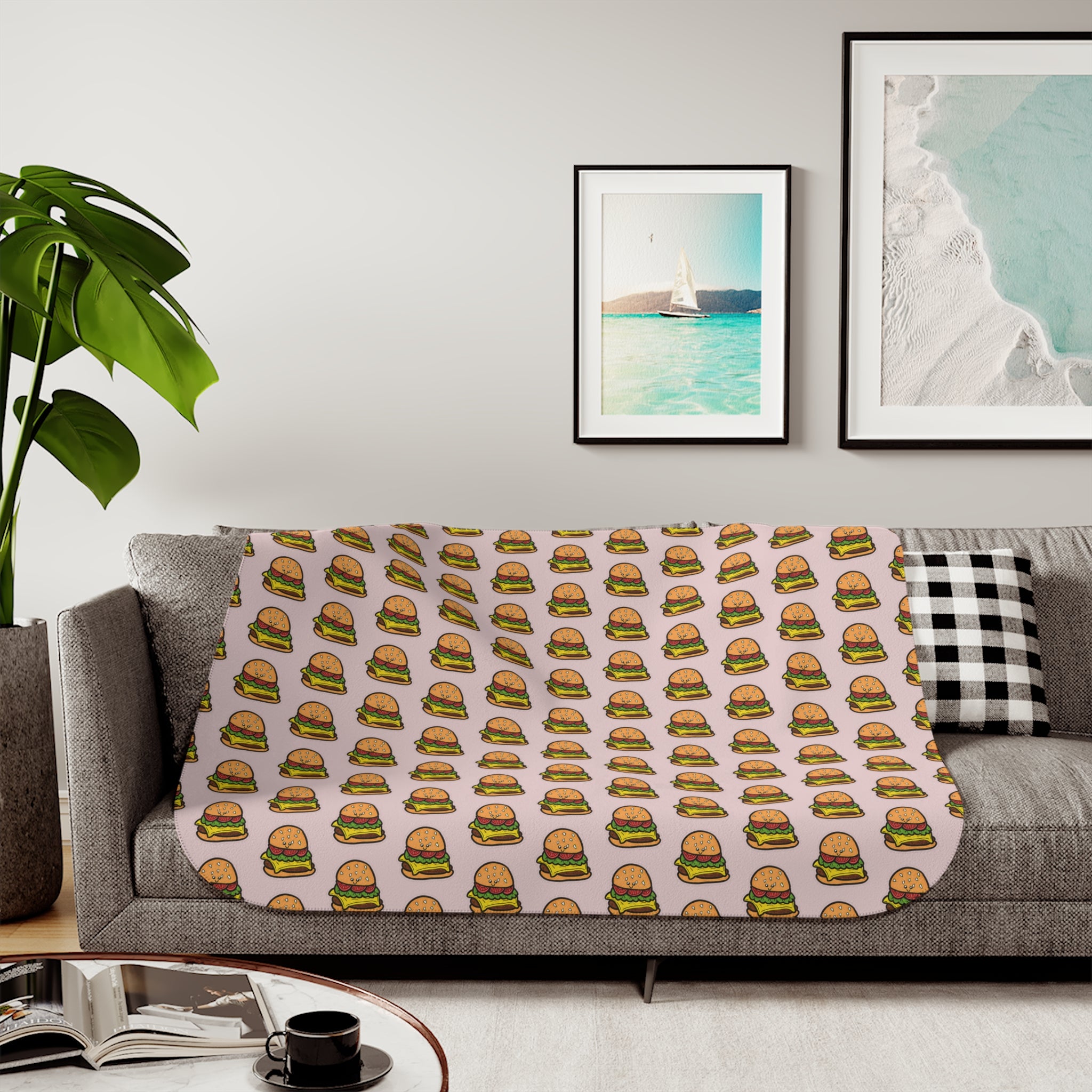 Hand-Drawn Cheeseburger Pattern Sherpa Blanket | Repeating Cute Burger Print