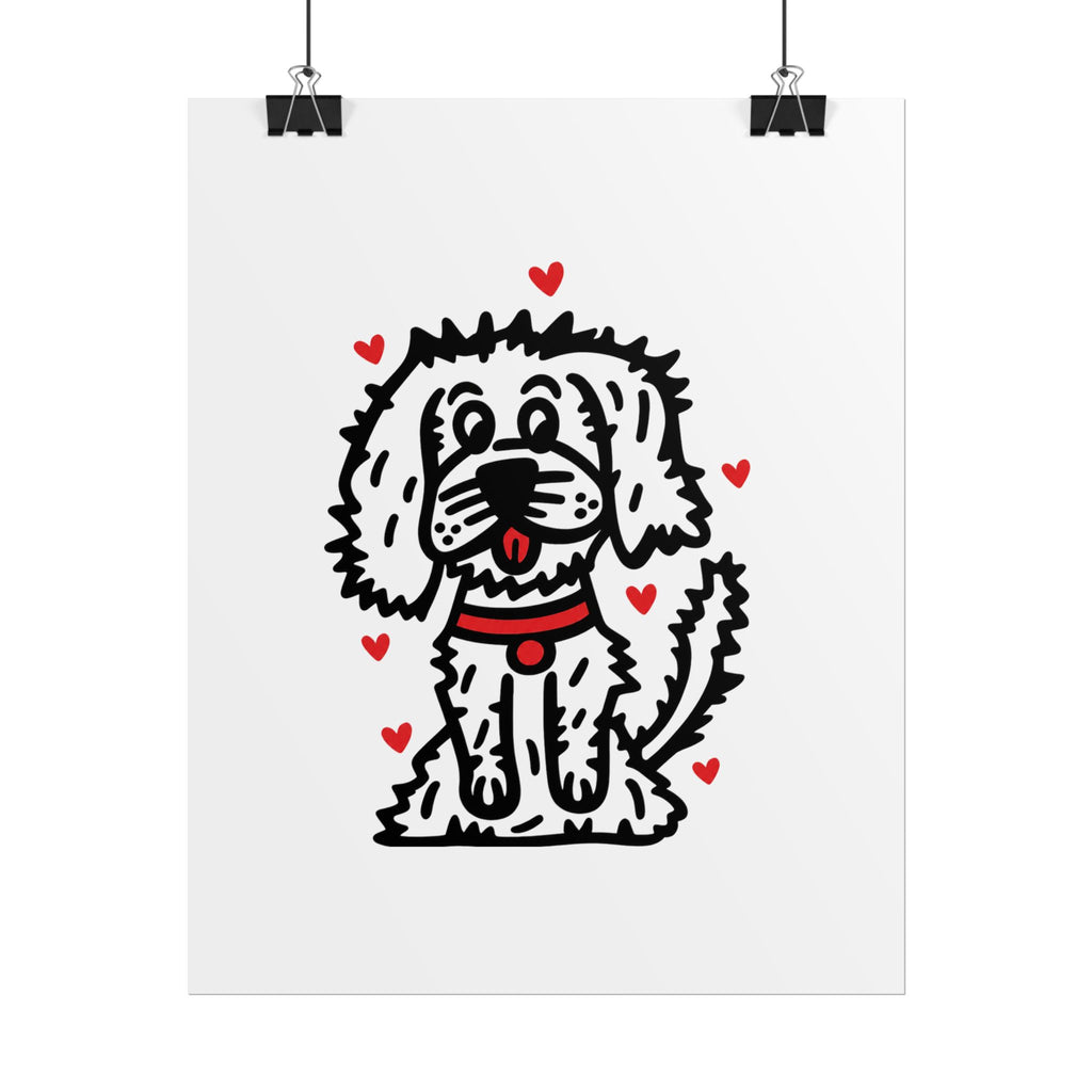 Hand-Drawn Cute Fluffy White Dog with Hearts Rolled Poster | Cute Dog Wall Art