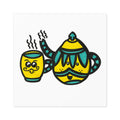 Hand-Drawn Yellow and Teal Cute Mustache Teapot and Mug Sticker square sticker | Indoor Outdoor