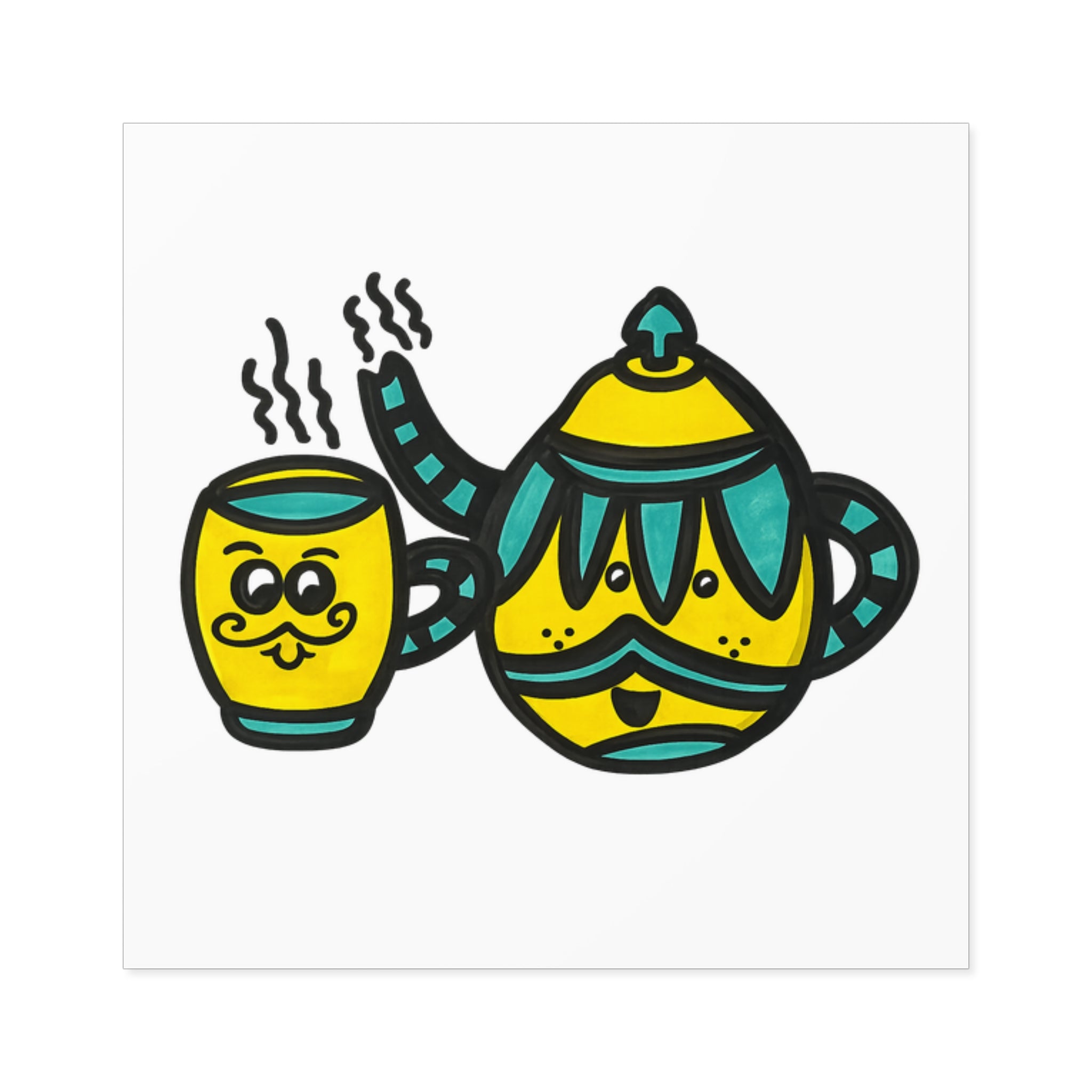 Hand-Drawn Yellow and Teal Cute Mustache Teapot and Mug Sticker square sticker | Indoor Outdoor