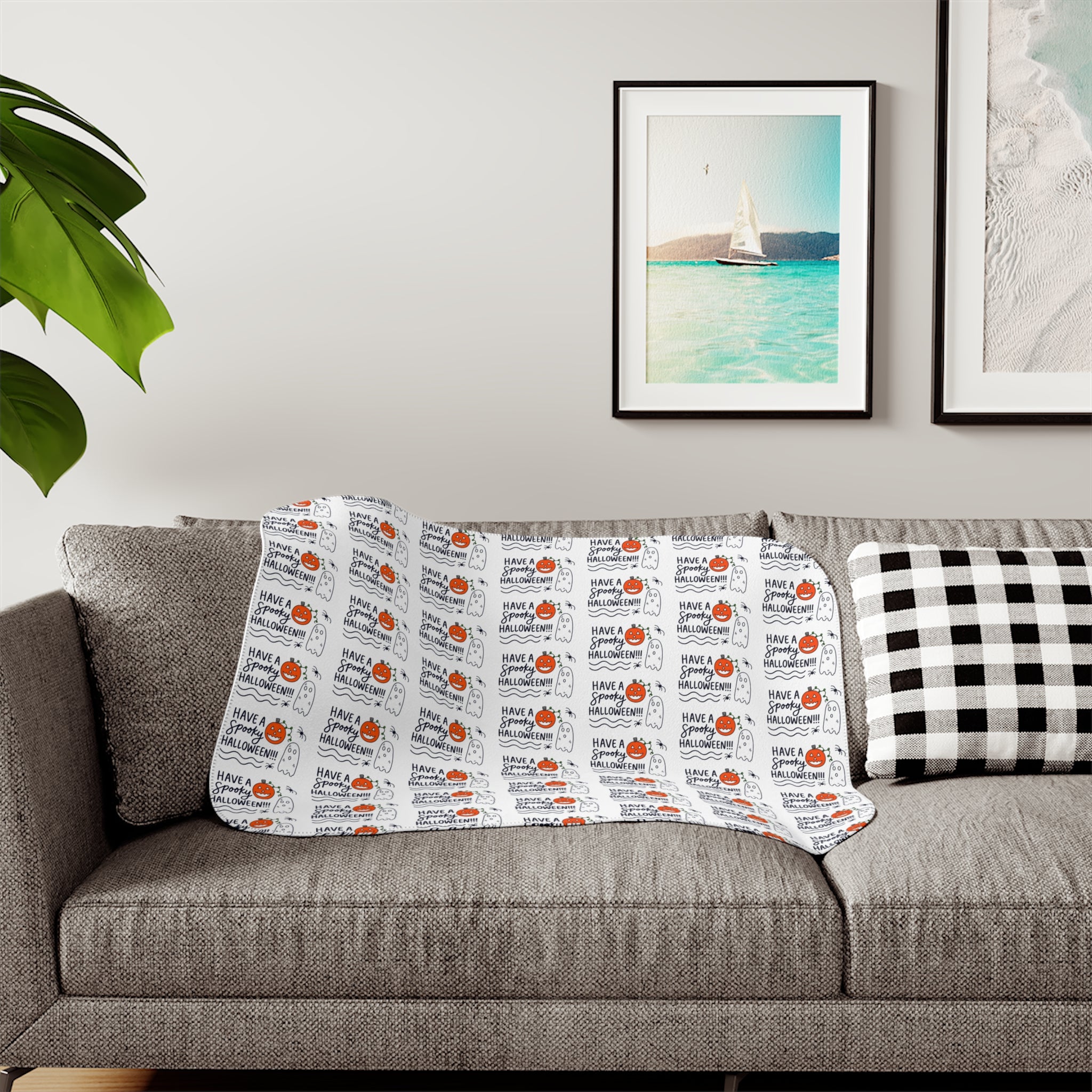 Hand-Drawn Have a Happy Halloween Sherpa Blanket | Hand-Drawn Ghosts, Spiders & Pumpkin