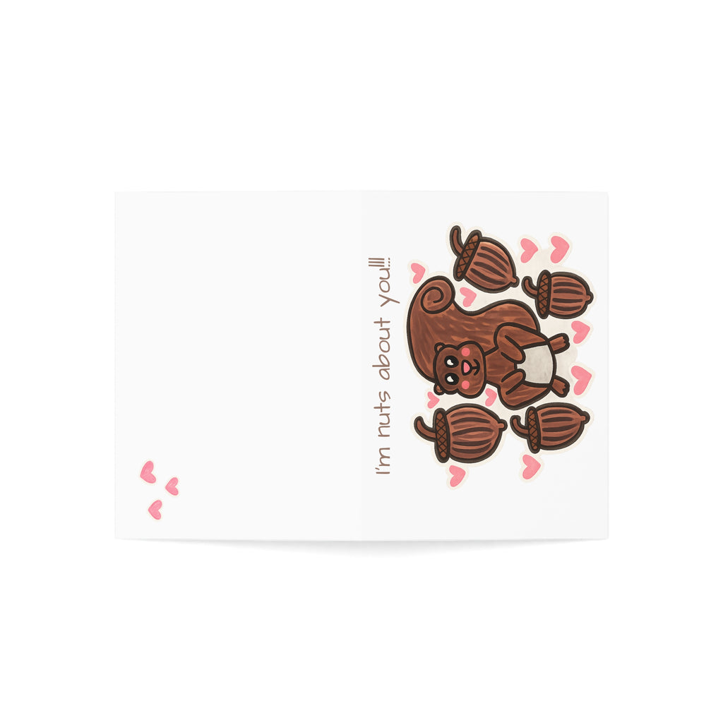 Hand-Drawn I'm Nuts About You Squirrel with Acorns and Hearts Greeting Card